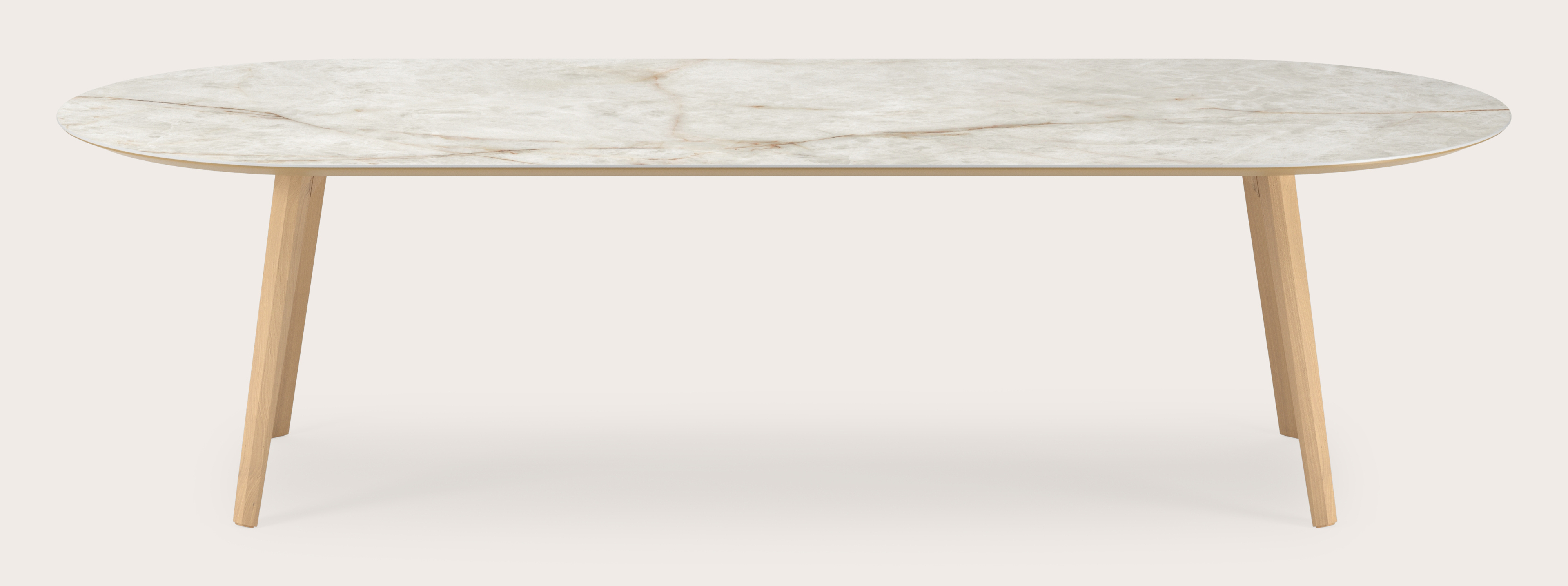 Eettafel Clino onderstel in natuurkleurige eik met plat ovaal volkeramisch Ceramo blad in kleur Himalaya 300 x 120 x 77 cm
