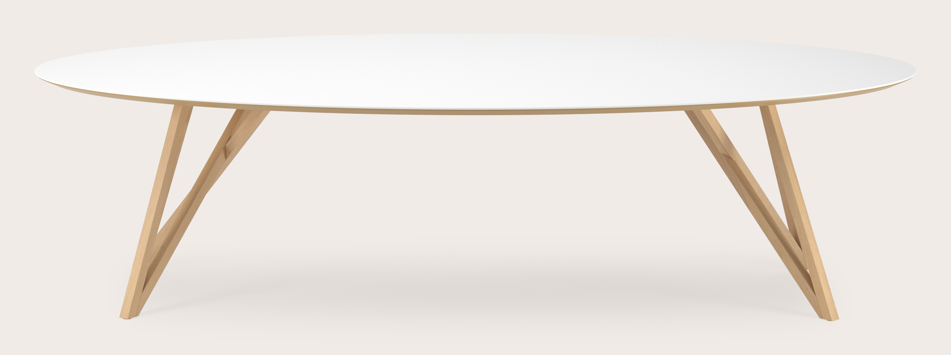 Eettafel Ragno onderstel in natuurkleurige eik met ovaal volkeramisch Ceramo blad in kleur Arctic White 300 x 140 x 77 cm