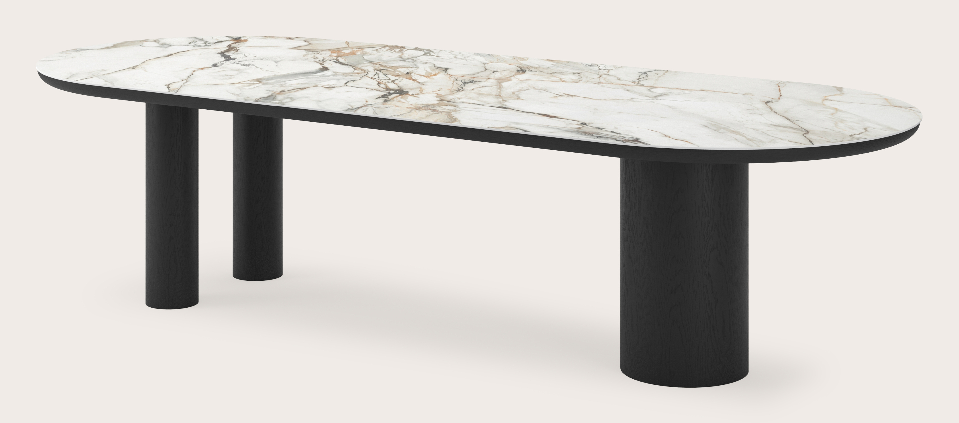 Eettafel Amato Rondo onderstel in zwarte eik met plat ovaal volkeramisch Ceramo blad in kleur Calacatta Luxe 300 x 120 x 76 cm