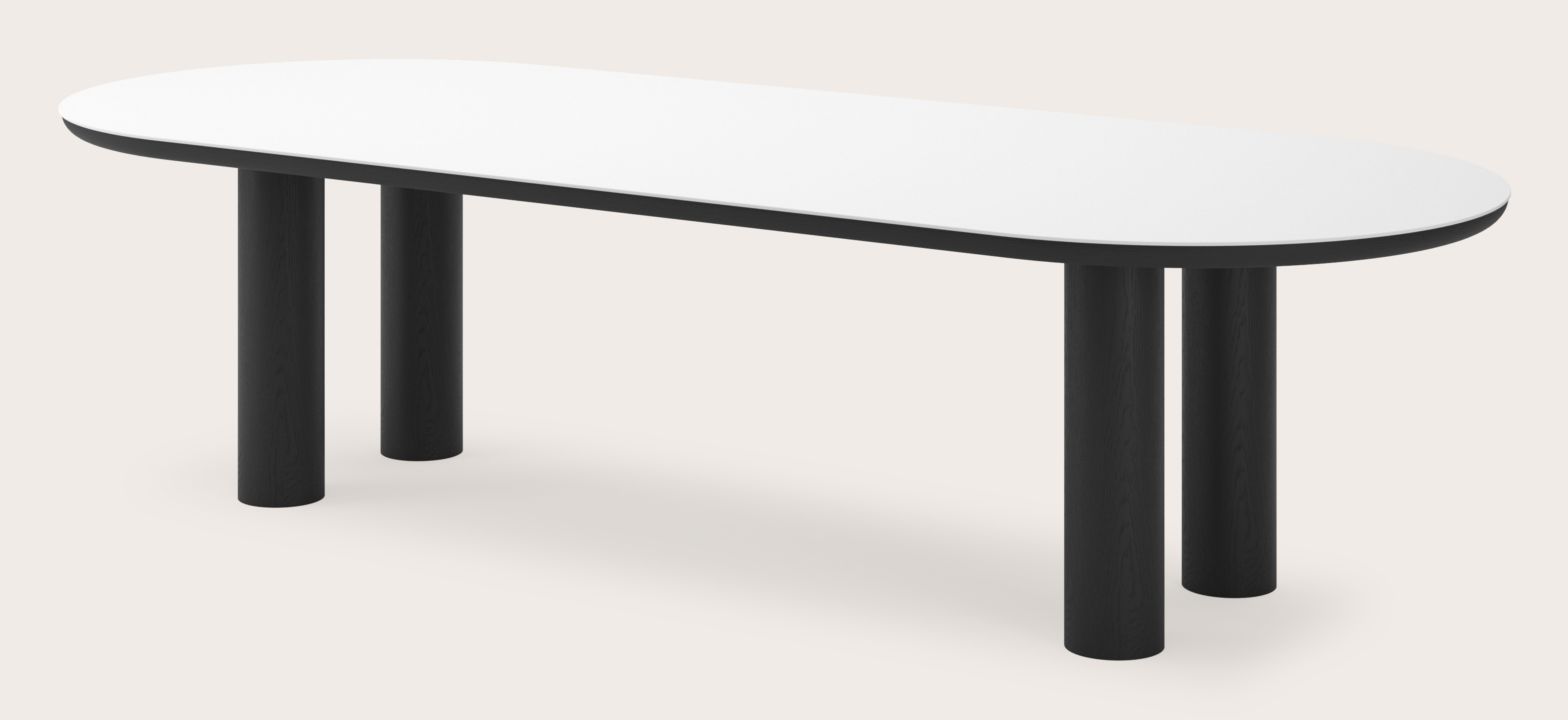 Eettafel Amato Rondo onderstel in zwarte eik met plat ovaal volkeramisch Ceramo blad in kleur Arctic White 300 x 120 x 76 cm