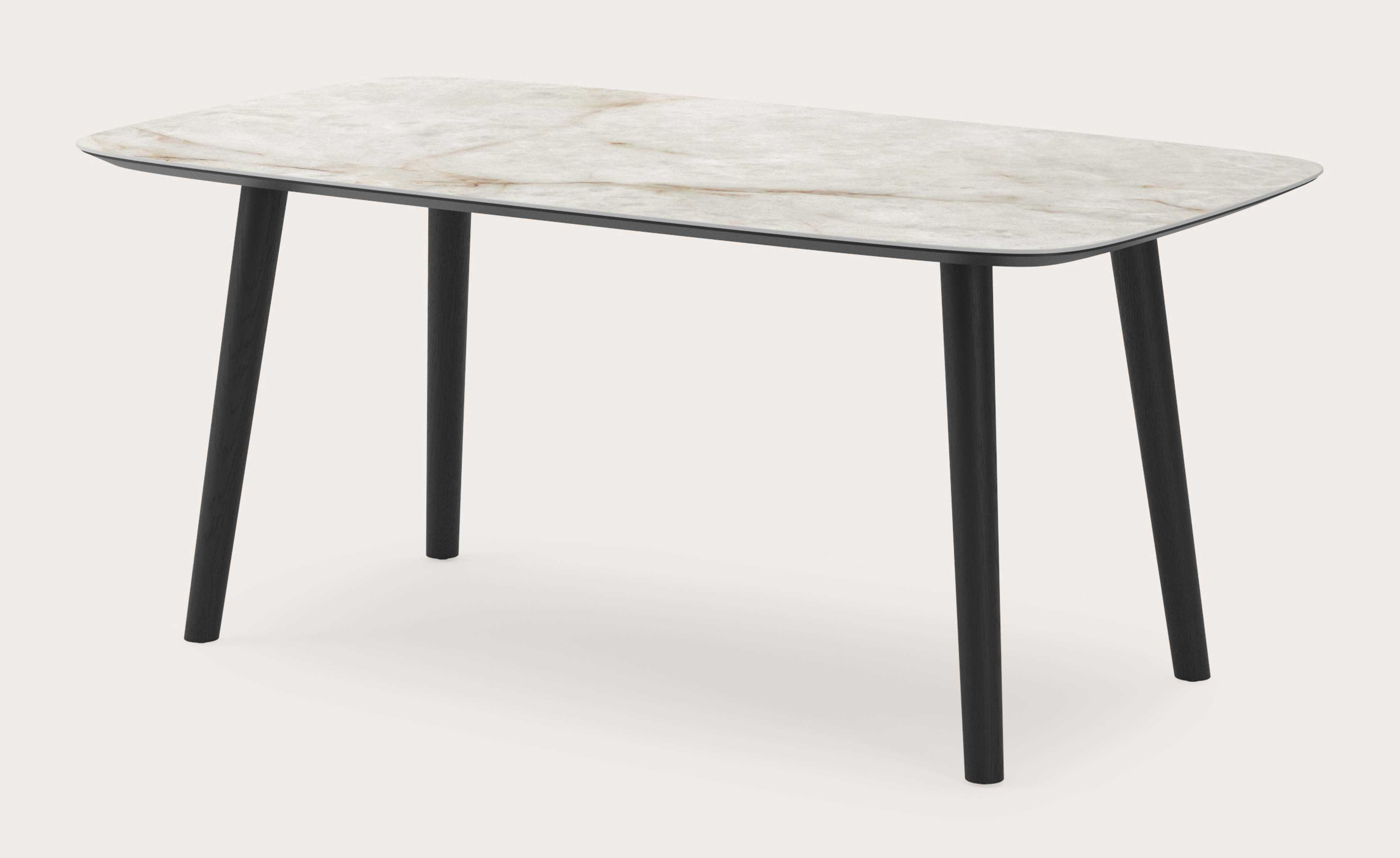 Table de salle à manger Conico armature en chêne noir avec plateau Ceramo forme arrondi en céramique en couleur Himalaya 180 x 100 x 77 cm