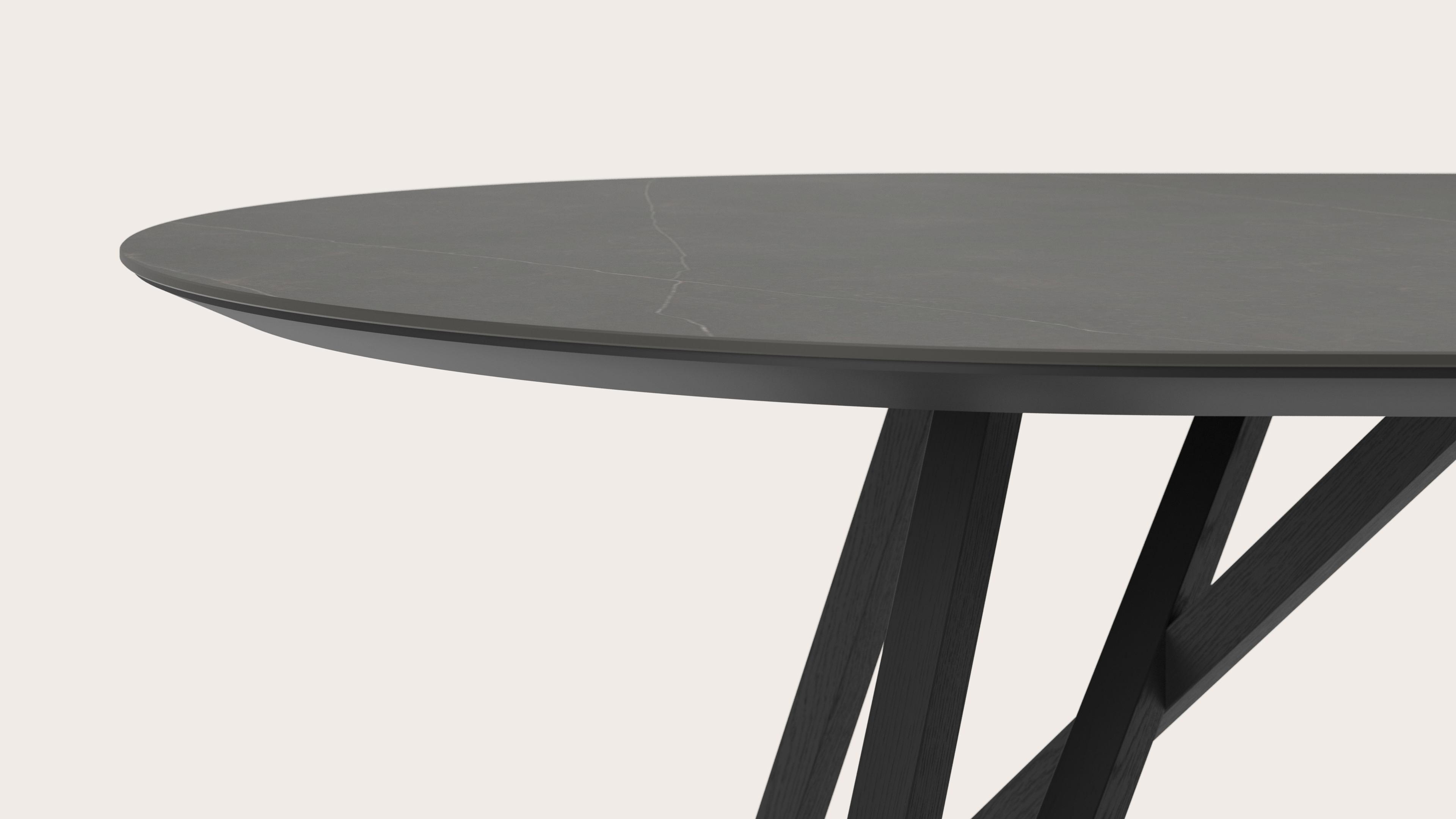Eettafel Ragno onderstel in zwarte eik met plat ovaal volkeramisch Ceramo blad in kleur Calatorao 260 x 115 x 77 cm 