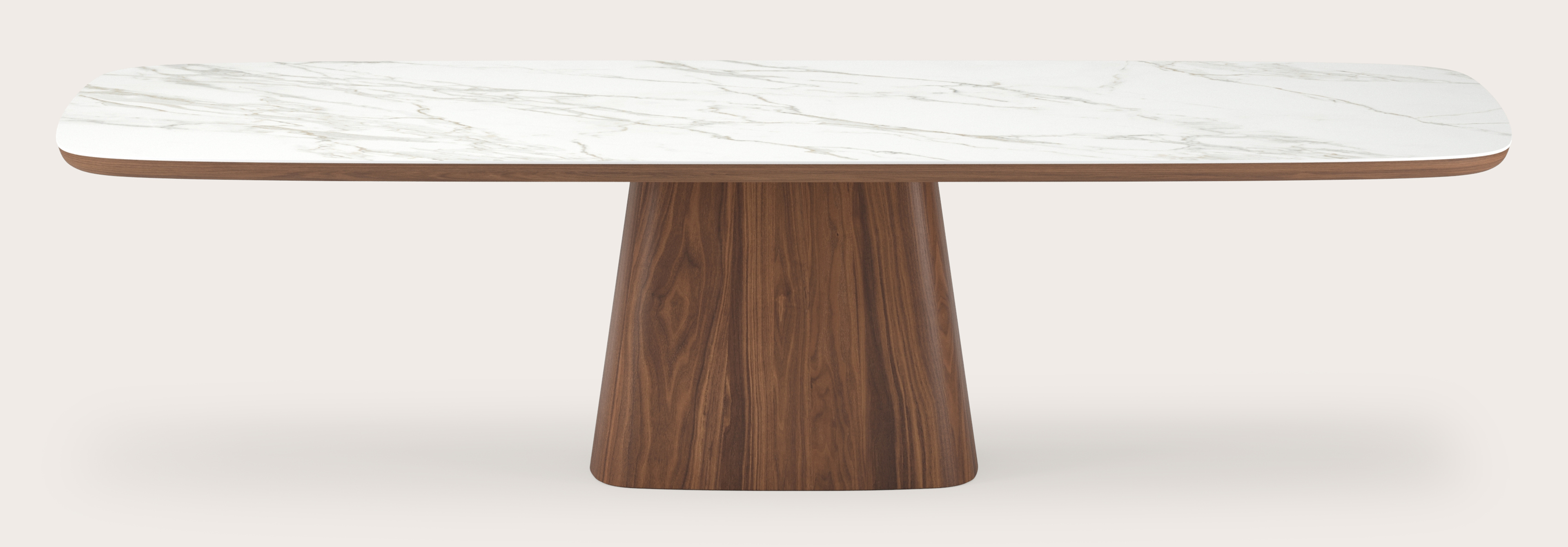 Eettafel Amato Cuadro onderstel in noyer avec plateau Ceramo forme arrondie en céramique en couleur Calacatta 300 x 115 x 77 cm