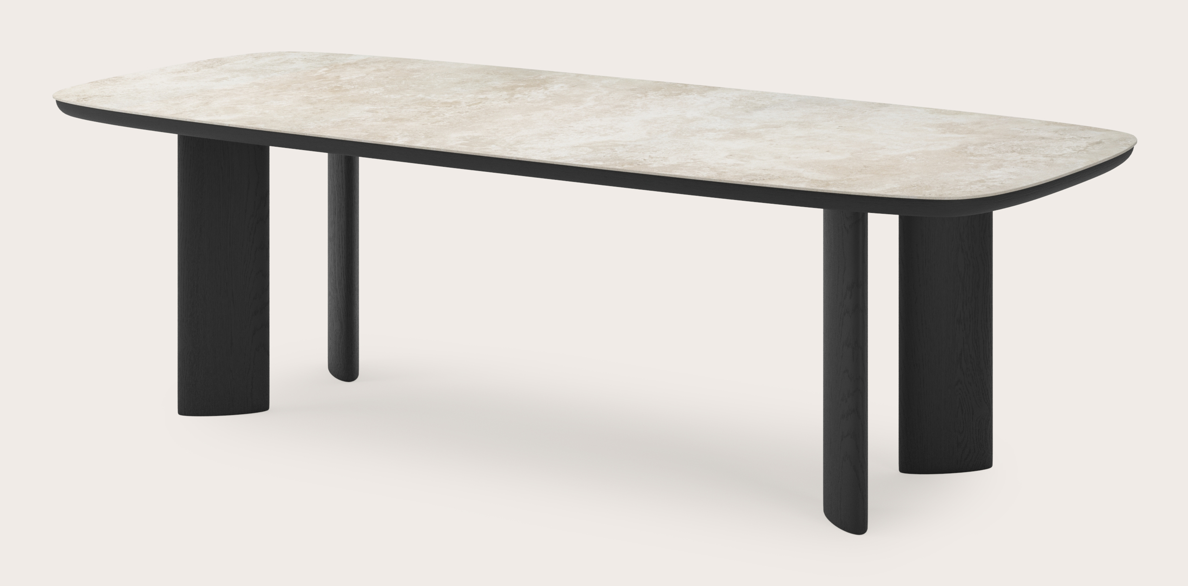 Eettafel Amato Ellipso onderstel in zwarte eik met bootvormig volkeramisch Ceramo blad in kleur Rapolano 260 x 110 x 76 cm
