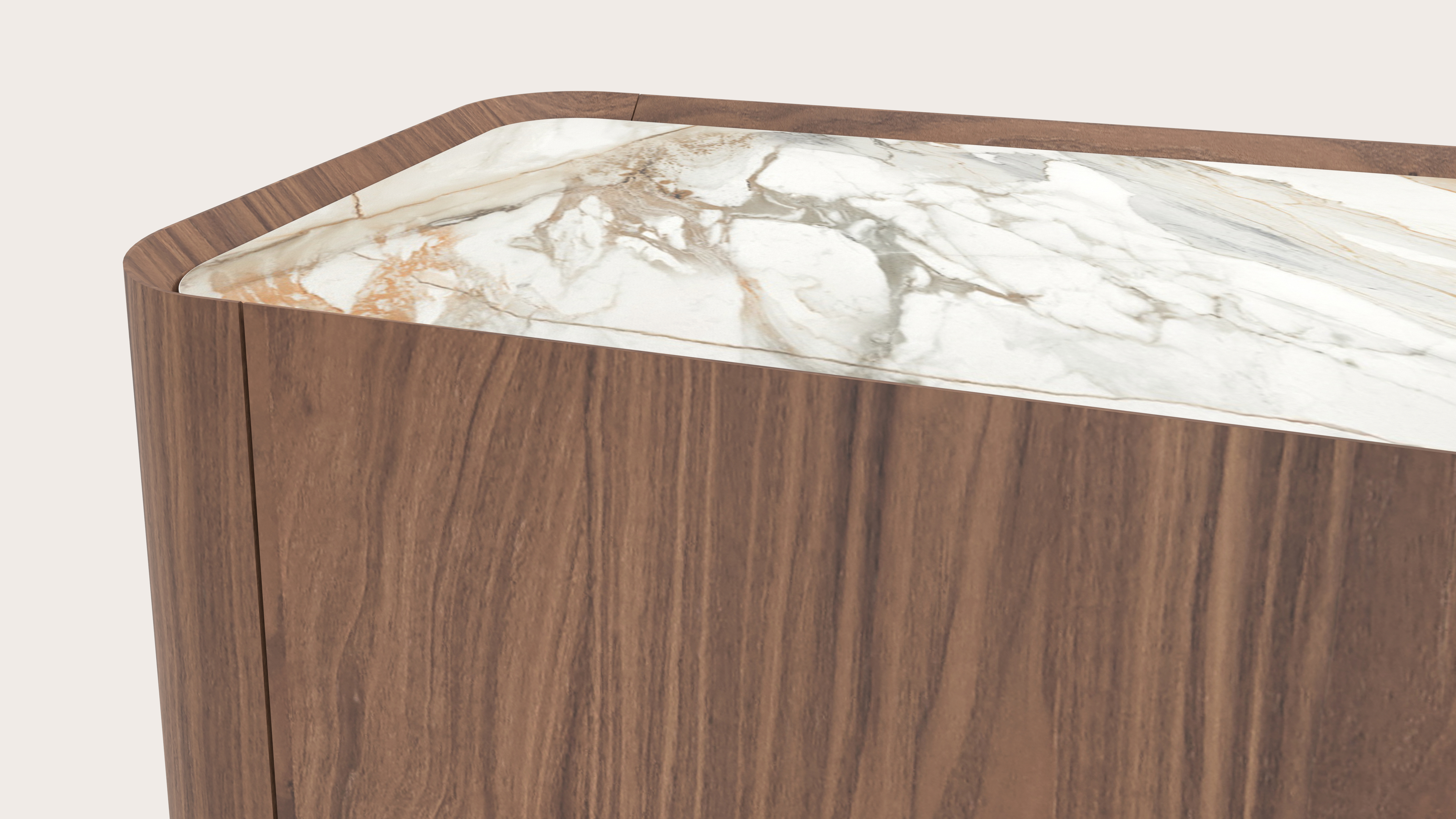 Meuble tv Curvato en noyer avec pieds ronds en bois avec plateau Ceramo en céramique en couleur Calacatta Luxe 249 x 45 x 44 cm