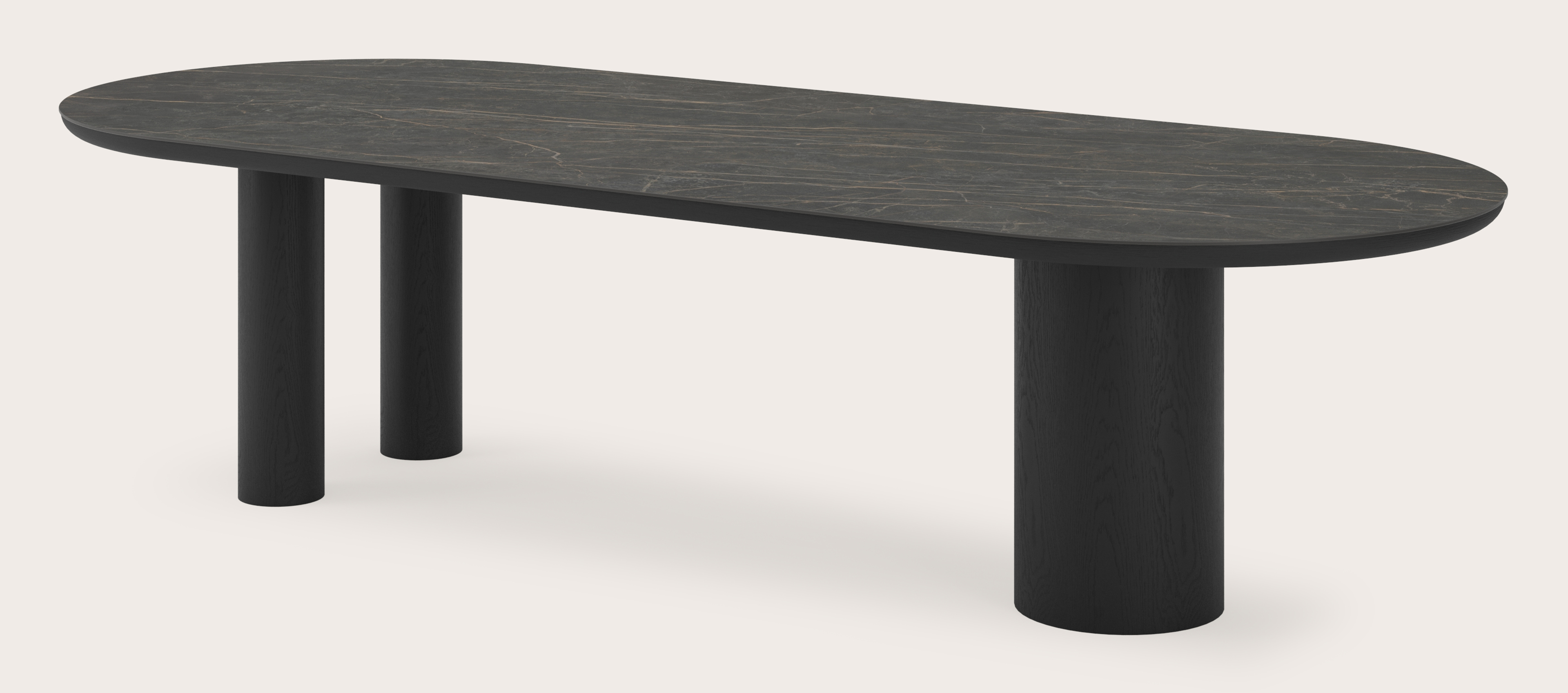 Table de salle à manger Amato Rondo armature en chêne noir avec plateau Ceramo ovale plat en céramique en couleur Black Obsession 300 x 120 x 76 cm