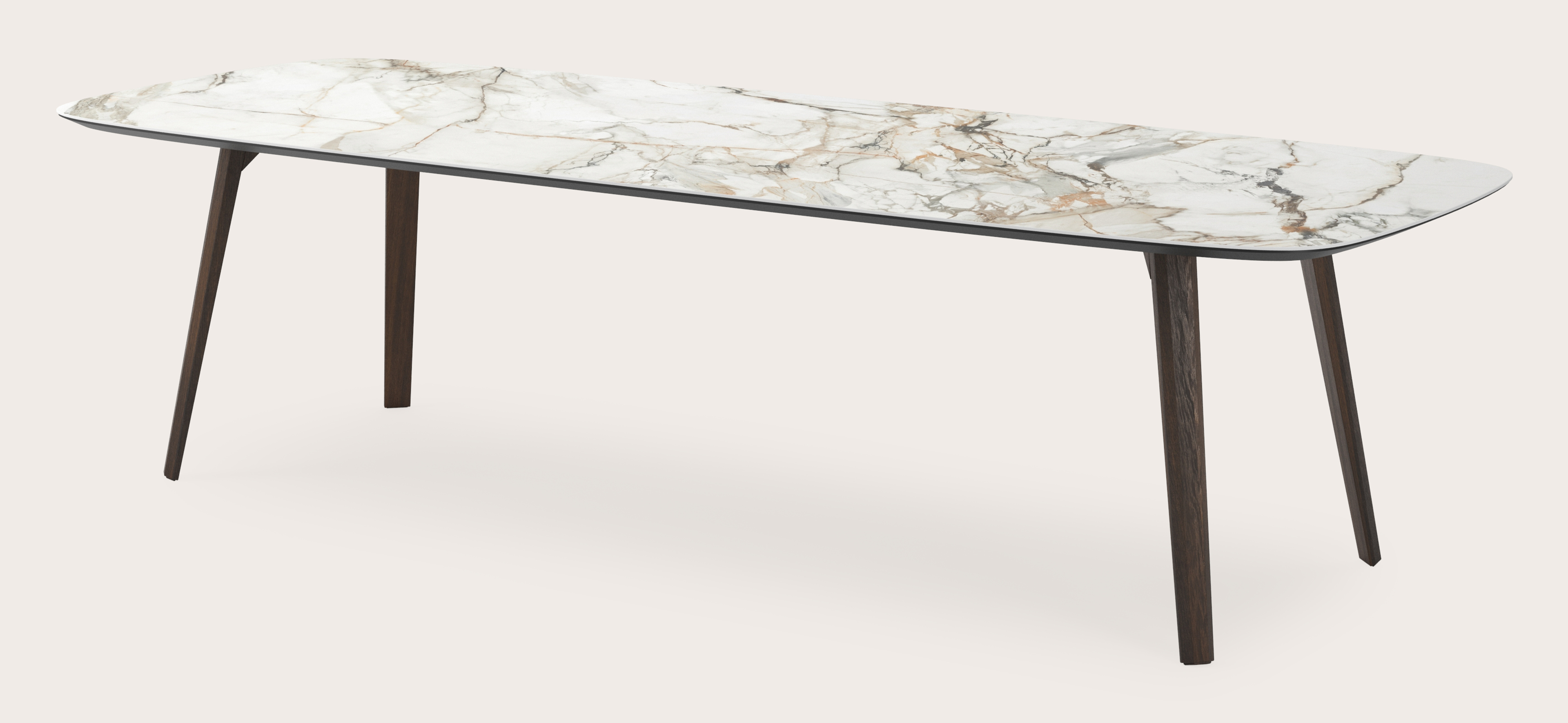 Table de salle à manger Clino armature en chêne fumé avec plateau Ceramo forme arrondie en céramique en couleur Calacatta Luxe 300 x 115 x 77 cm