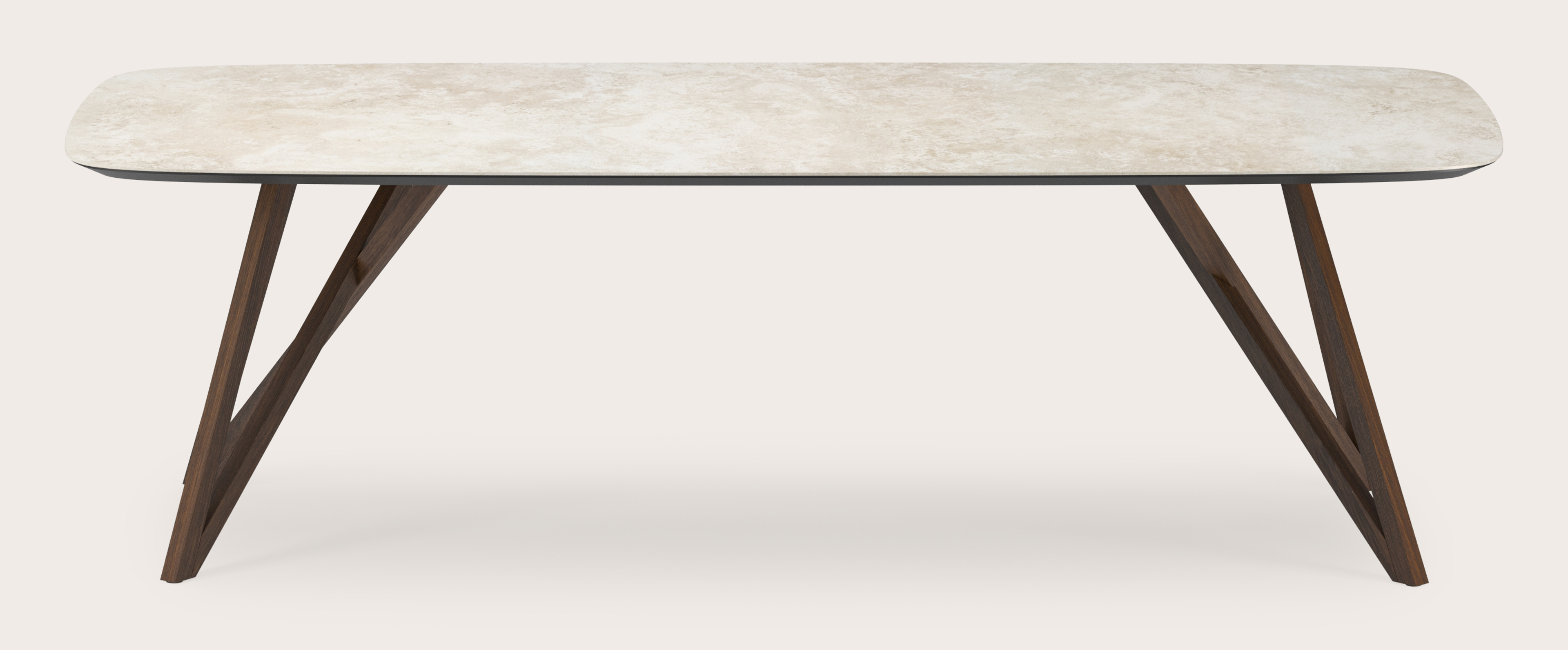 Table de salle à manger Ragno armature en chêne fumé avec plateau Ceramo forme arrondie en céramique en couleur Rapolano 260 x 110 x 77 cm