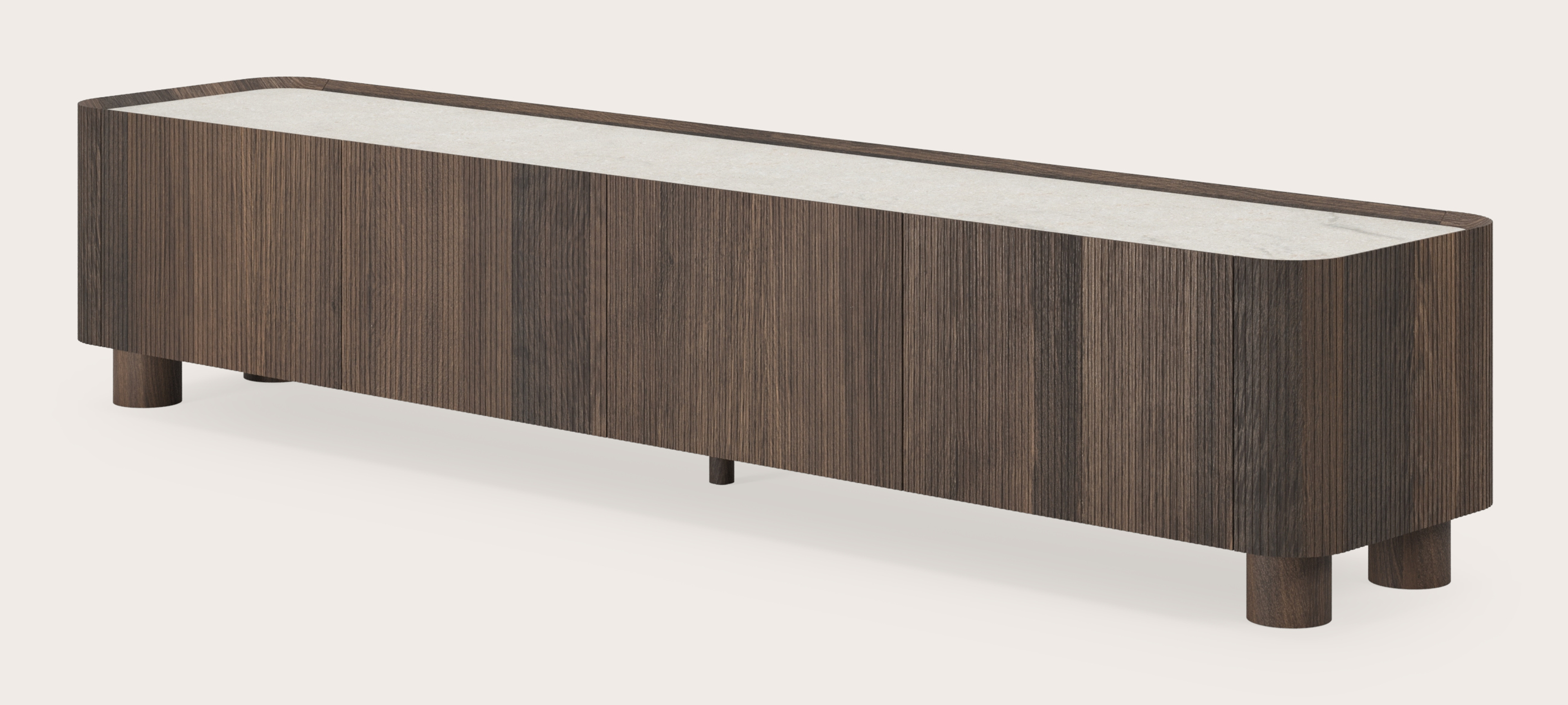Meuble tv Grivato en chêne fumé avec pieds ronds en bois avec plateau Ceramo en céramique en couleur Shilin 219 x 45 x 44 cm