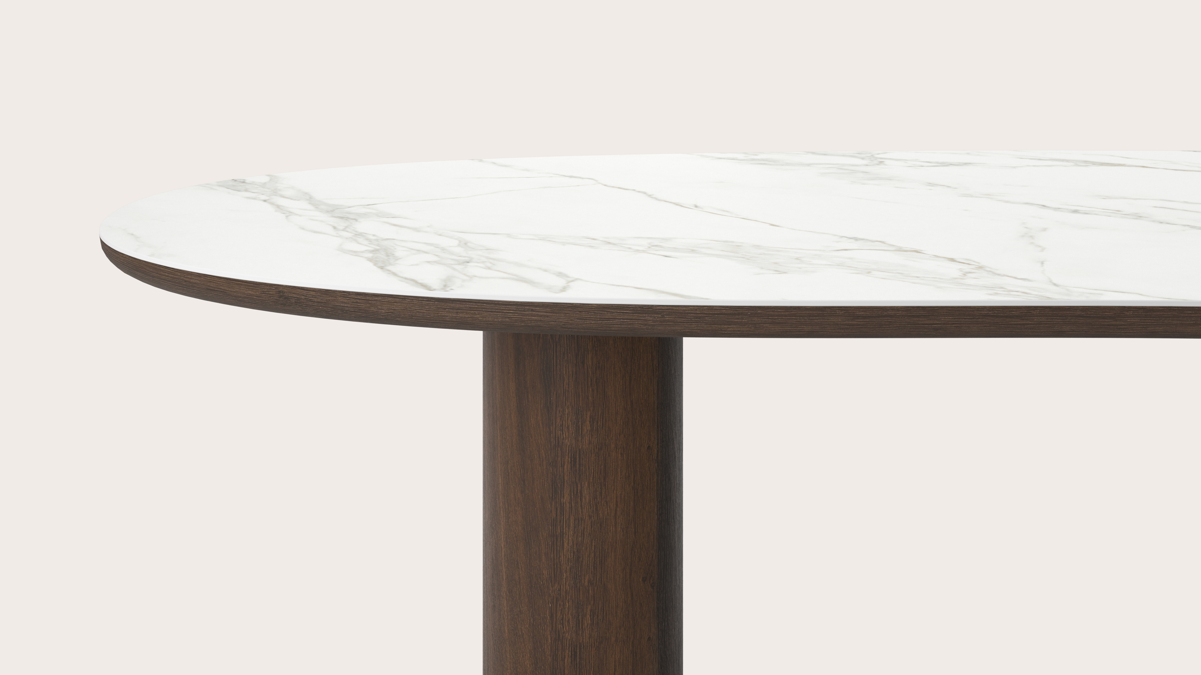 Eettafel Amato Rondo onderstel in gerookte eik met Blobvormig volkeramisch Ceramo blad in kleur Calacatta 300 x 122 x 77 cm