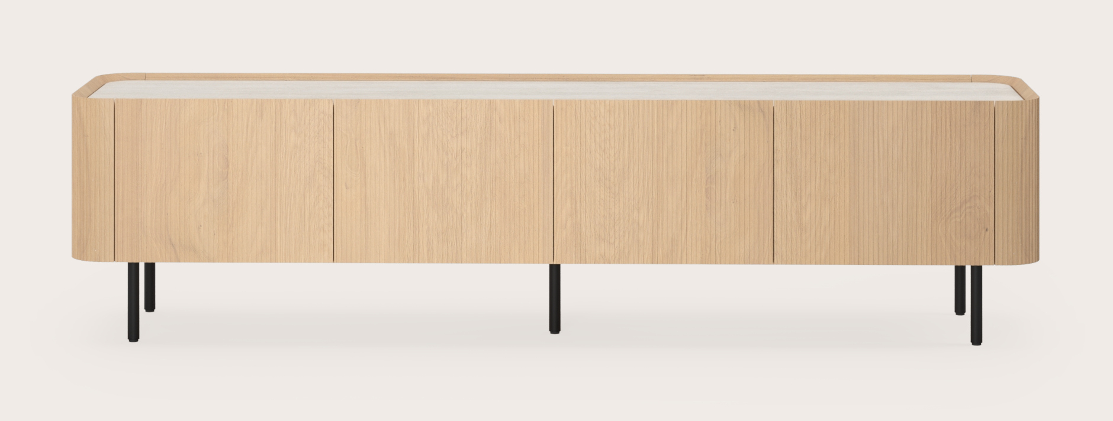 Grivato tv-meubel in natuurkleurige eik met ronde poten met volkeramisch Ceramo blad in kleur Travertino Bianco 203 x 45 cm