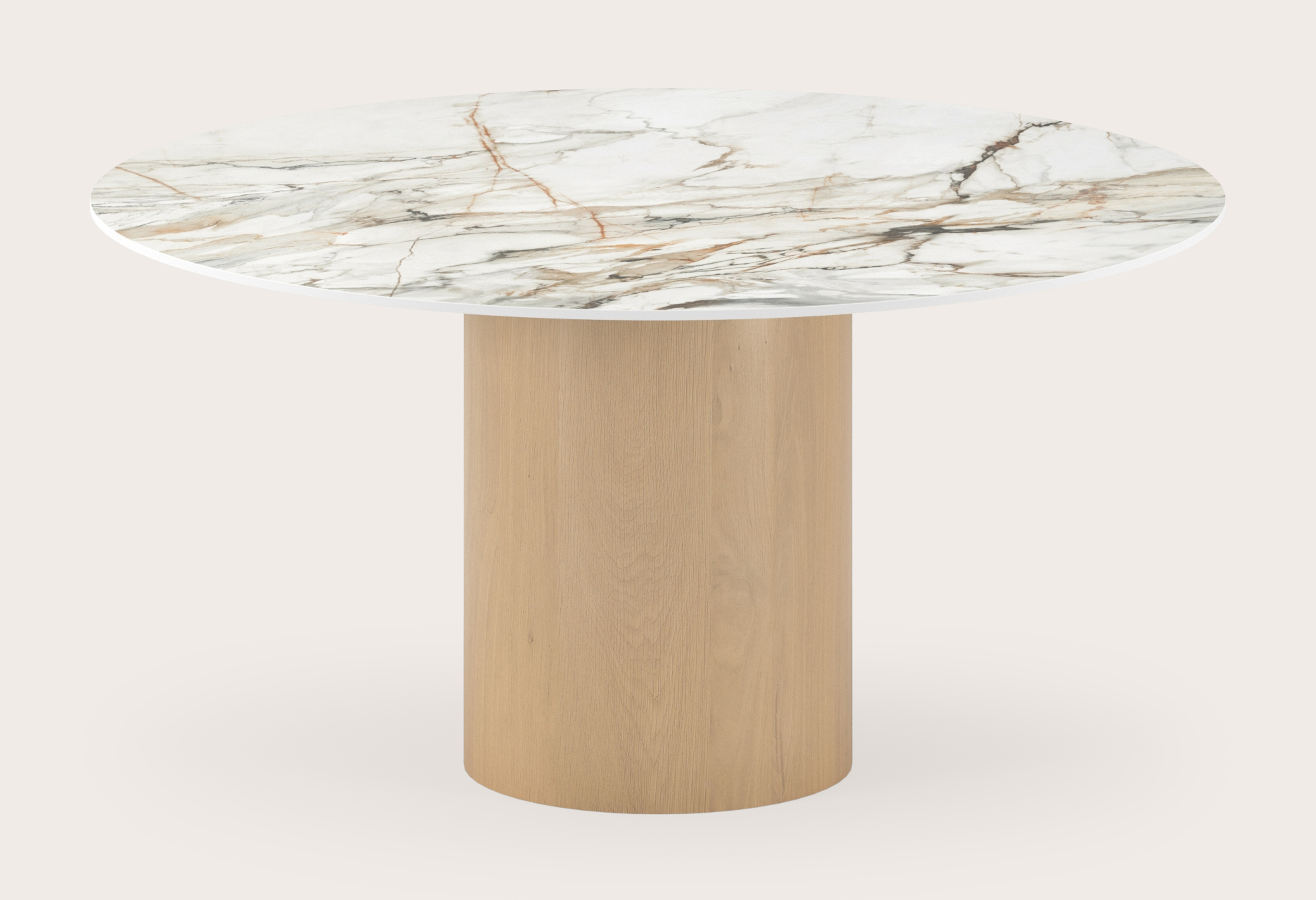 Eettafel low dining Amato Rondo onderstel in natuurkleurige eik met rond volkeramisch Ceramo Lux blad in kleur Calacatta Luxe Ø140 x 69 cm