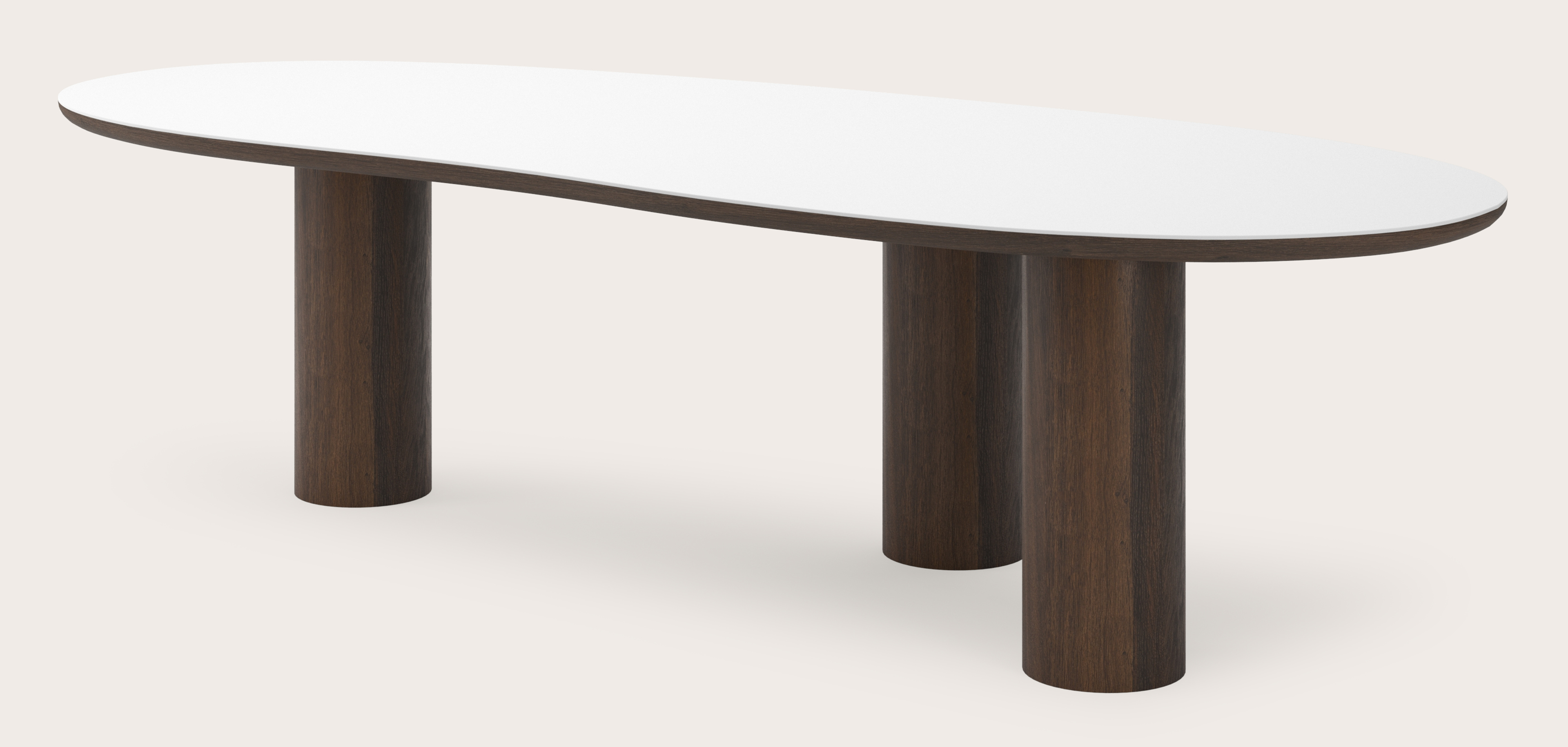 Eettafel Amato Rondo onderstel in gerookte eik met Blobvormig volkeramisch Ceramo blad in kleur Arctic White 300 x 122 x 77 cm