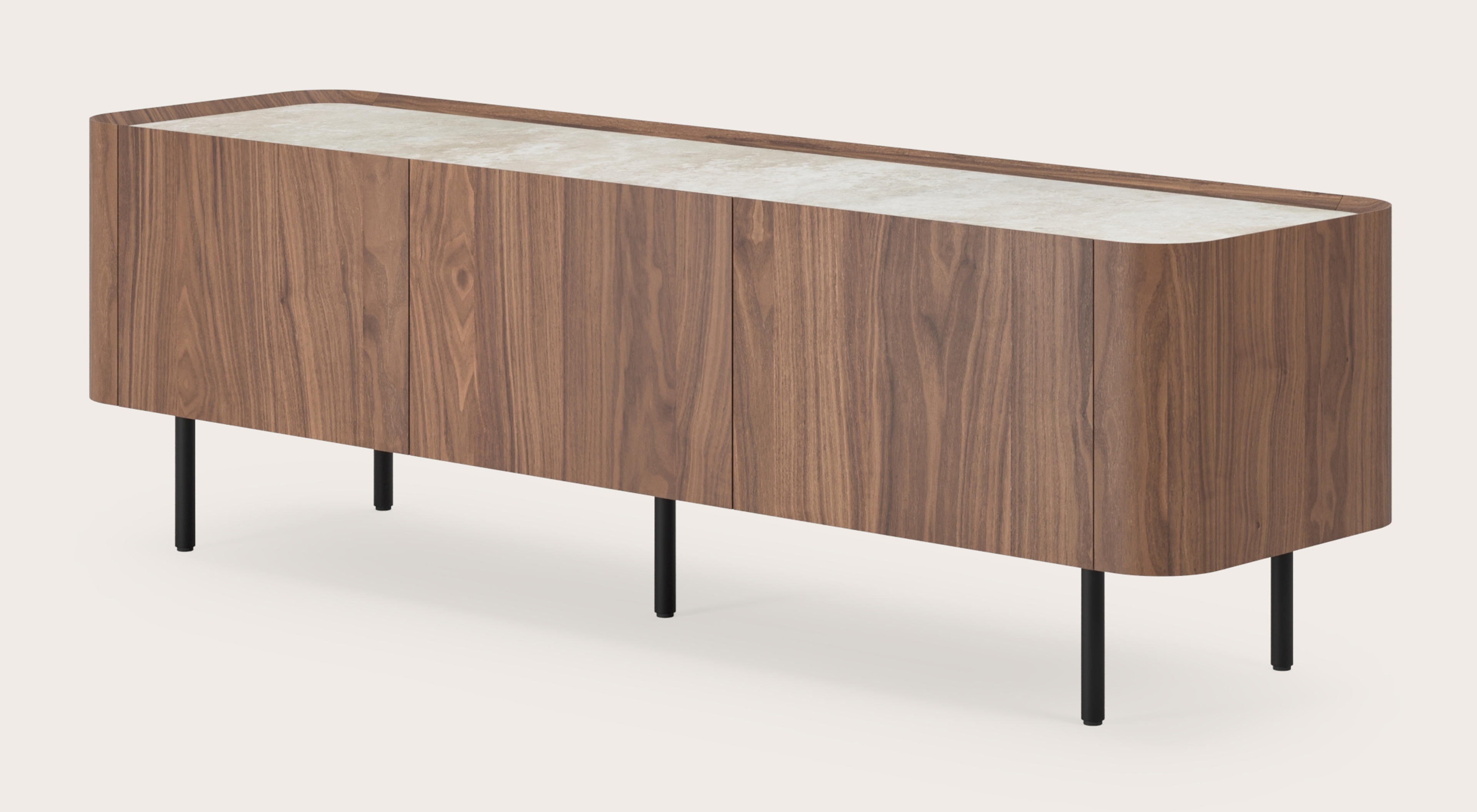 Curvato tv-meubel in walnoot met ronde metalen poten met volkeramisch Ceramo blad in kleur Rapolano 169 x 45 x 52 cm