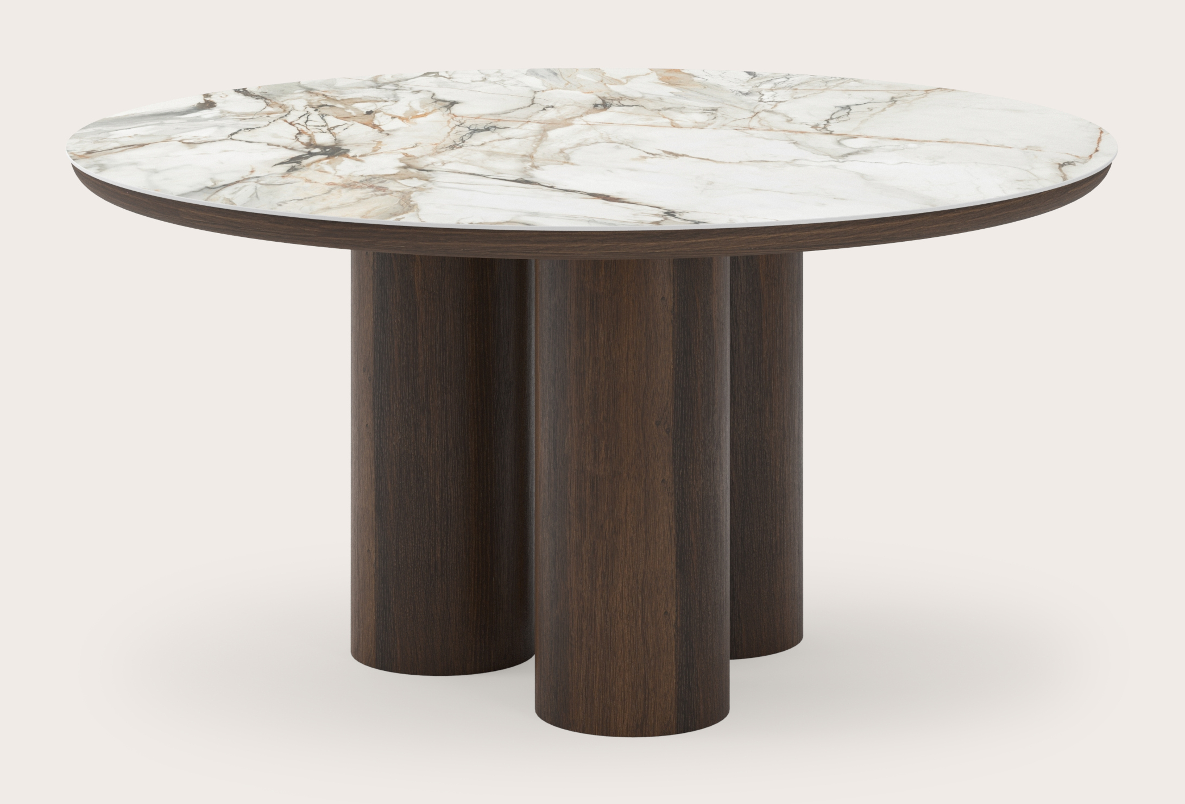 Eettafel Amato Rondo onderstel in gerookte eik met rond volkeramisch Ceramo blad in kleur Calacatta Luxe Ø150 x 76 cm