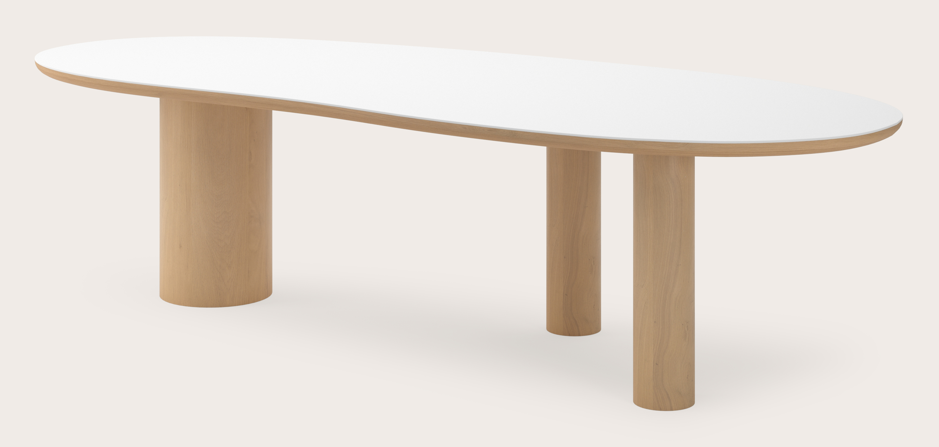 Eettafel Amato Rondo onderstel in natuurkleurige eik met Blobvormig volkeramisch Ceramo blad in kleur Arctic White 300 x 122 x 77 cm