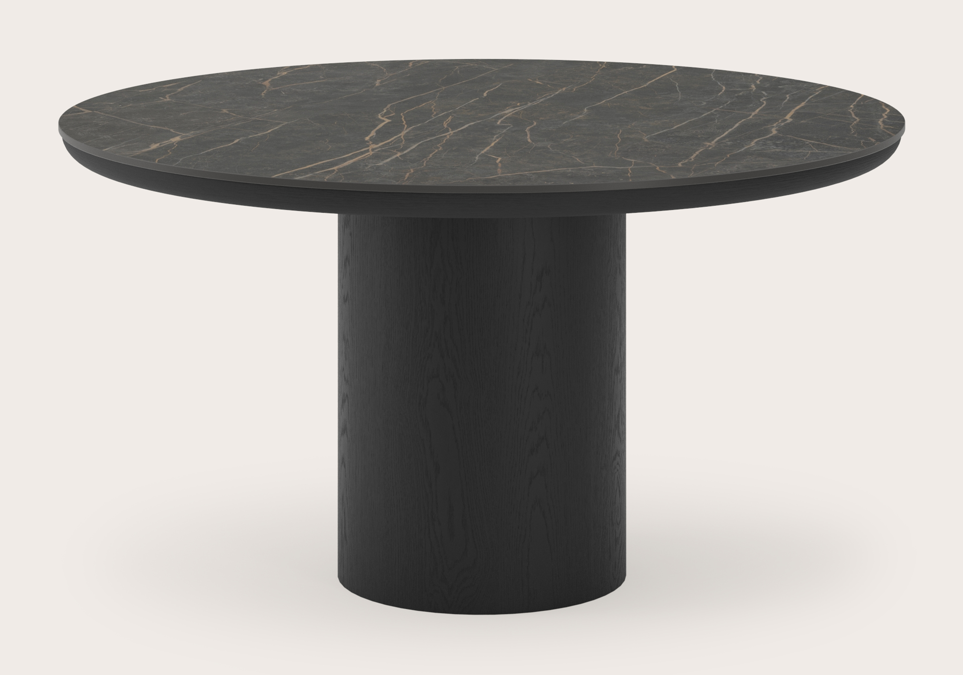 Eettafel Amato Rondo onderstel in zwarte eik met rond volkeramisch Ceramo blad in kleur Black Obsession Ø140 x 76 cm