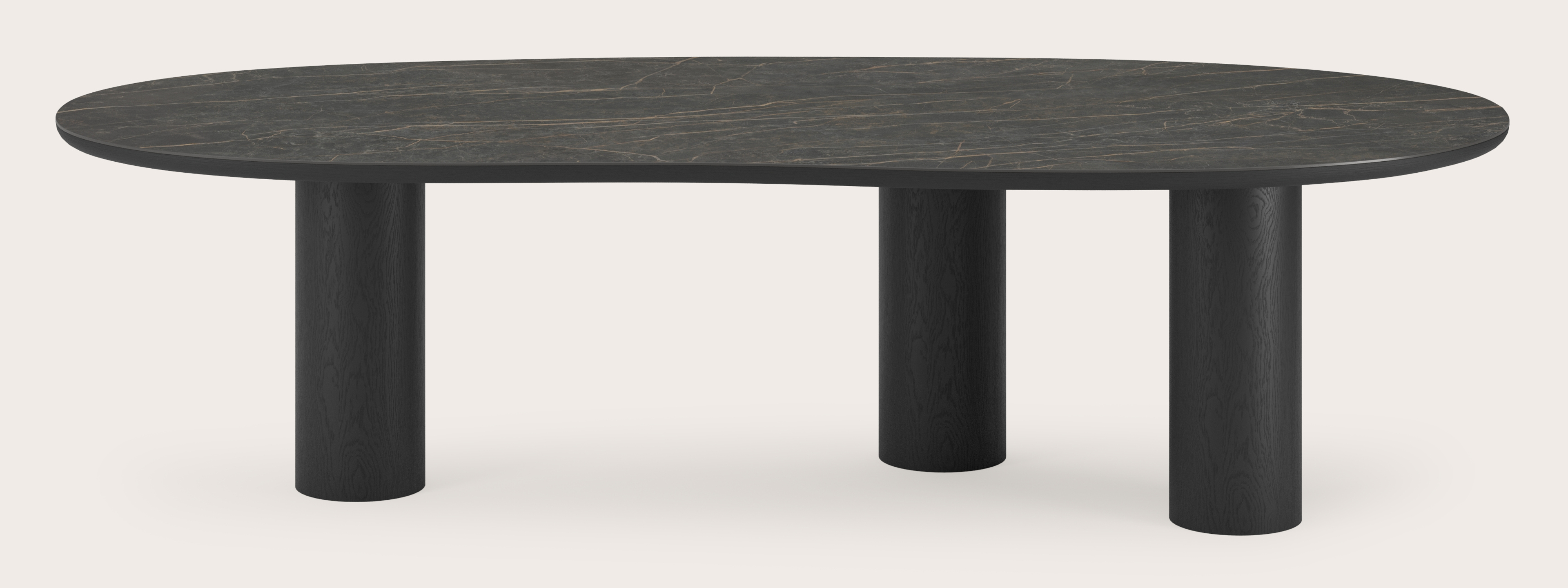 Table de salle à manger Amato Rondo armature en chêne noir avec plateau Ceramo forme blob en céramique en couleur Black Obsession 300 x 122 x 77 cm