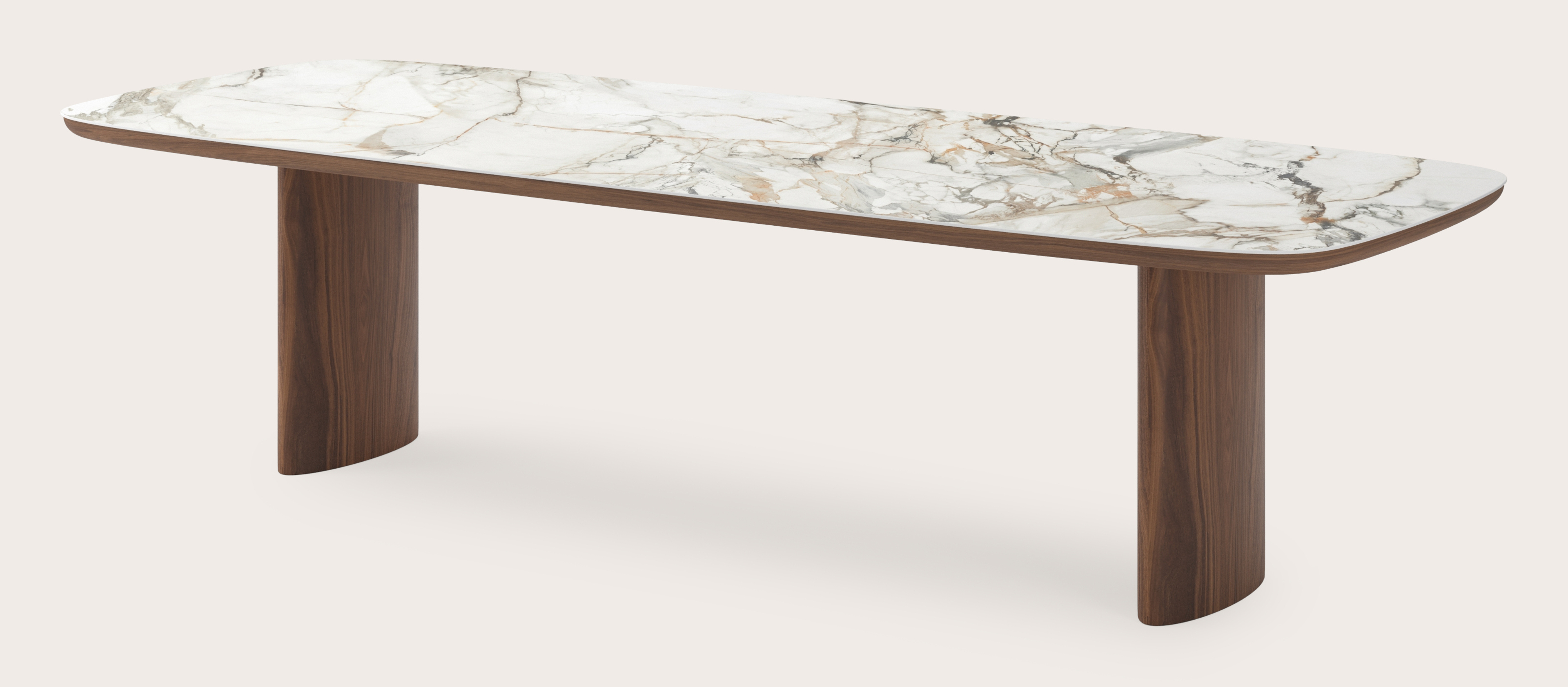 Eettafel Amato Ellipso onderstel in walnoot met bootvormig volkeramisch Ceramo blad in kleur Calacatta Luxe 300 x 115 x 76 cm