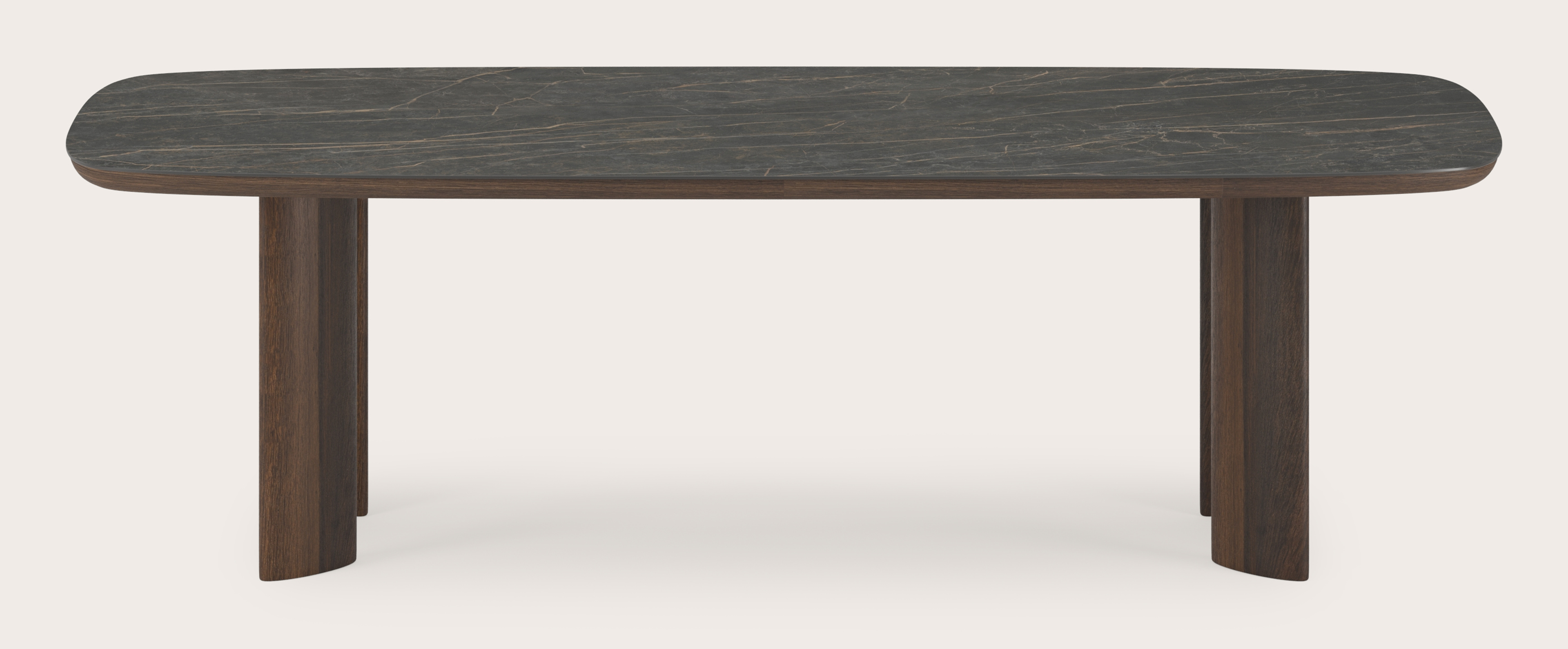 Table de salle à manger Amato Ellipso armature en chêne fumé avec plateau Ceramo forme arrondie en céramique en couleur Black Obsession 260 x 110 x 76 cm