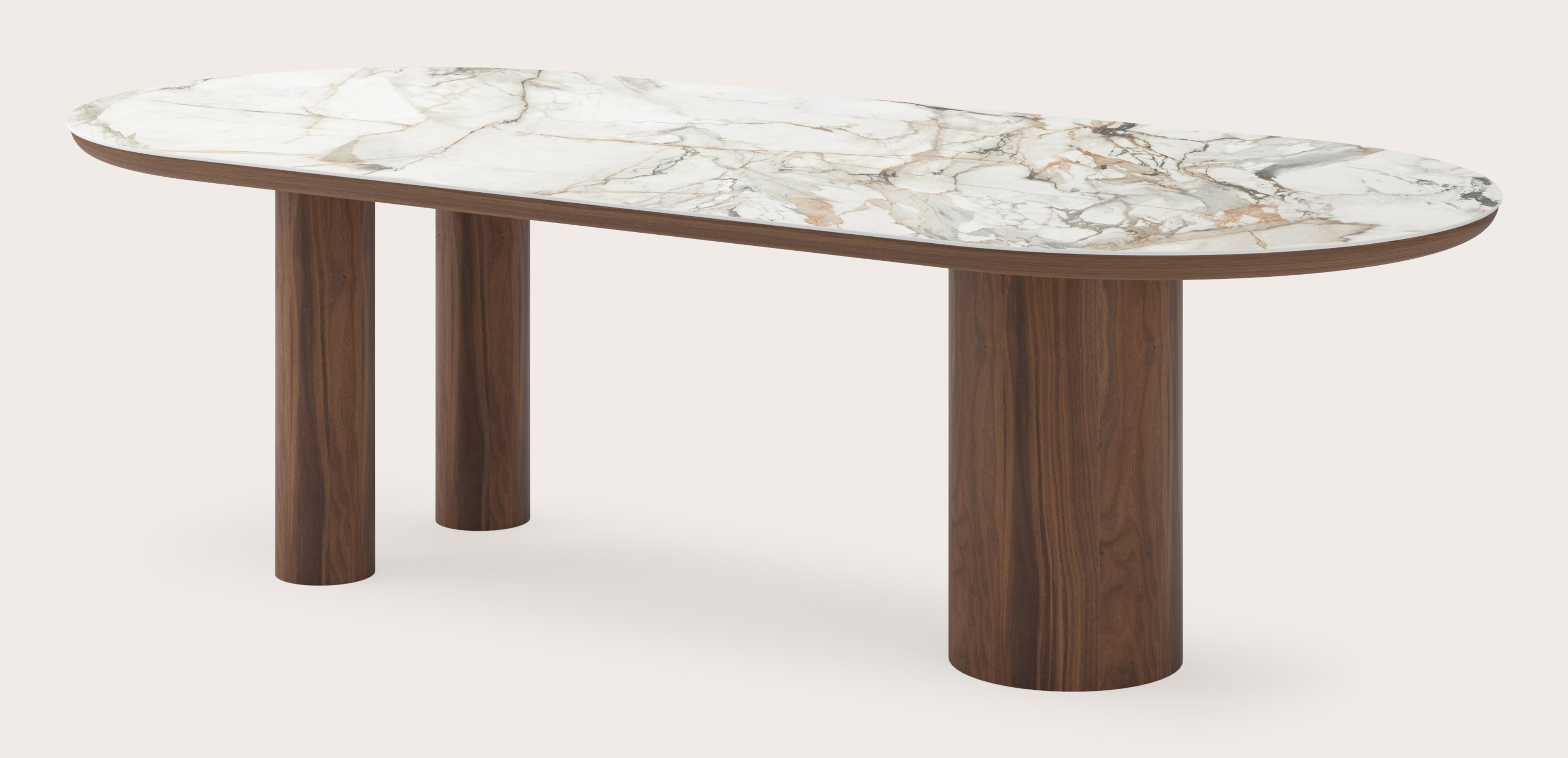 Table de salle à manger Amato Rondo armature en noyer avec plateau Ceramo ovale plat en céramique en couleur Calacatta Luxe 260 x 115 x 76 cm