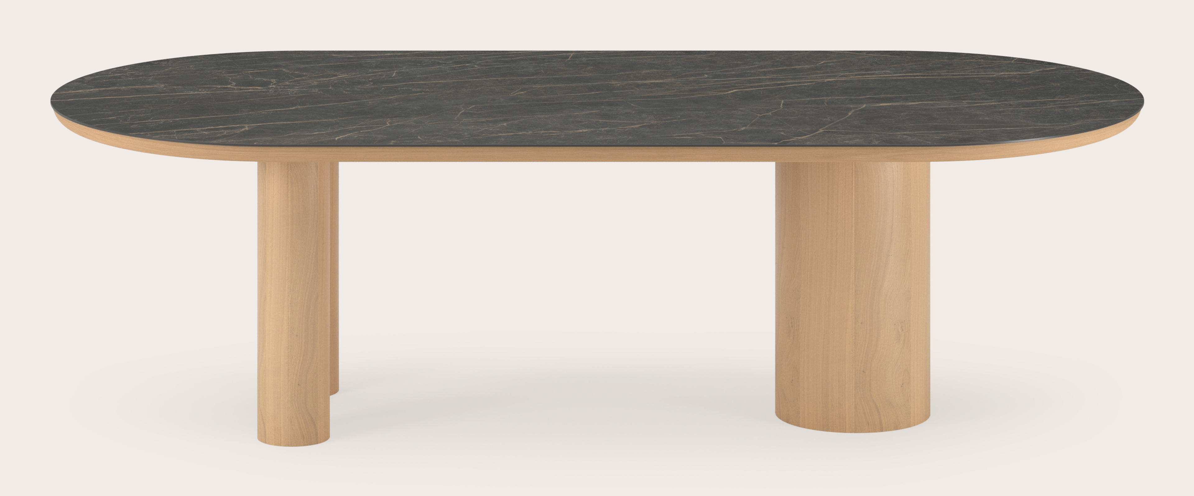 Eettafel Amato Rondo onderstel in natuurkleurige eik met plat ovaal volkeramisch Ceramo blad in kleur Black Obsession 260 x 115 x 76 cm