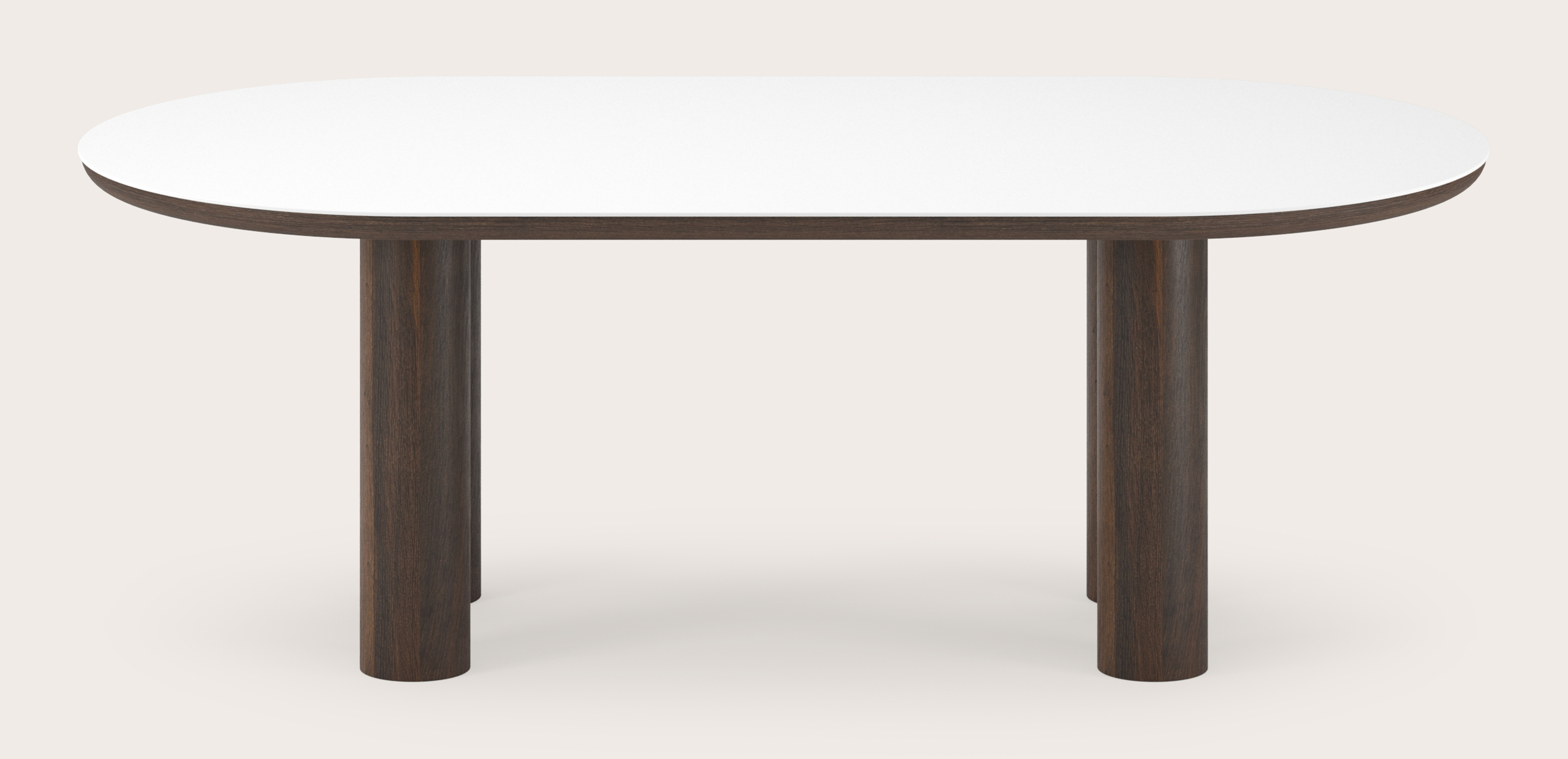 Eettafel Amato Rondo onderstel in gerookte eik met plat ovaal volkeramisch Ceramo blad in kleur Arctic White 220 x 110 x 76 cm