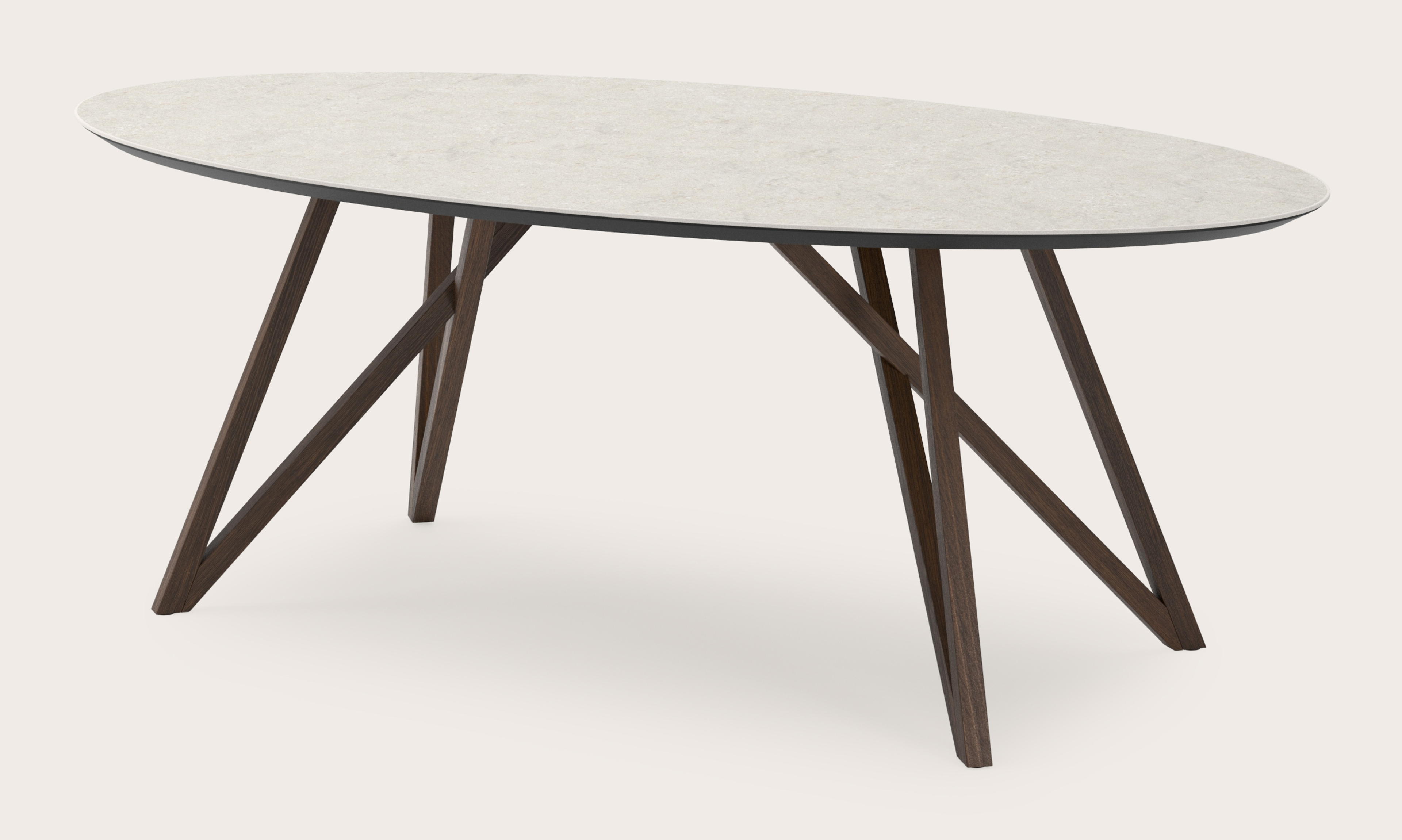 Eettafel Ragno onderstel in gerookte eik met ovaal volkeramisch Ceramo blad in kleur Shilin 220 x 120 x 77 cm