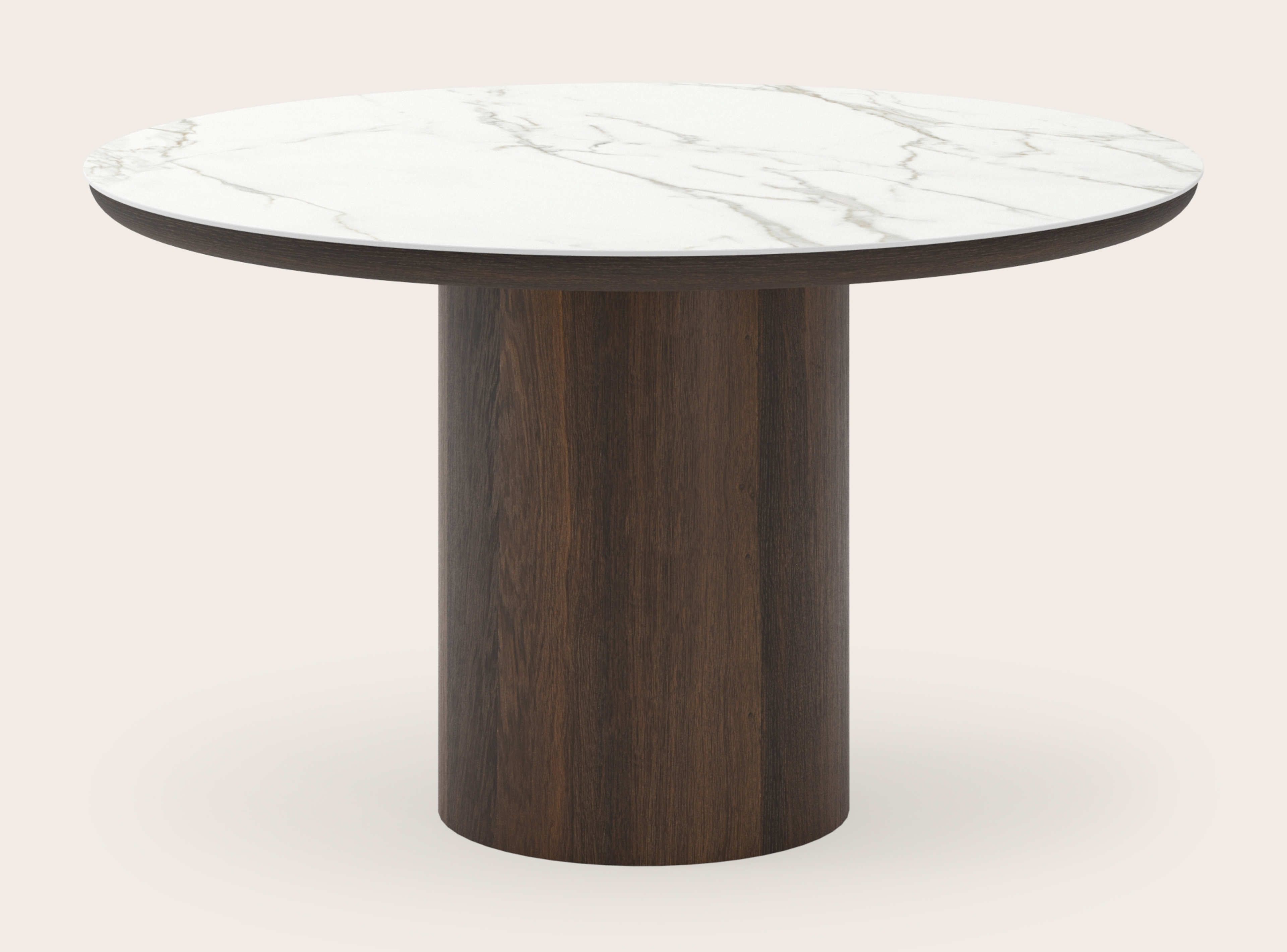 Table de salle à manger Amato Rondo armature en chêne fumé avec plateau Ceramo rond en céramique en couleur Calacatta Ø130 x 76 cm