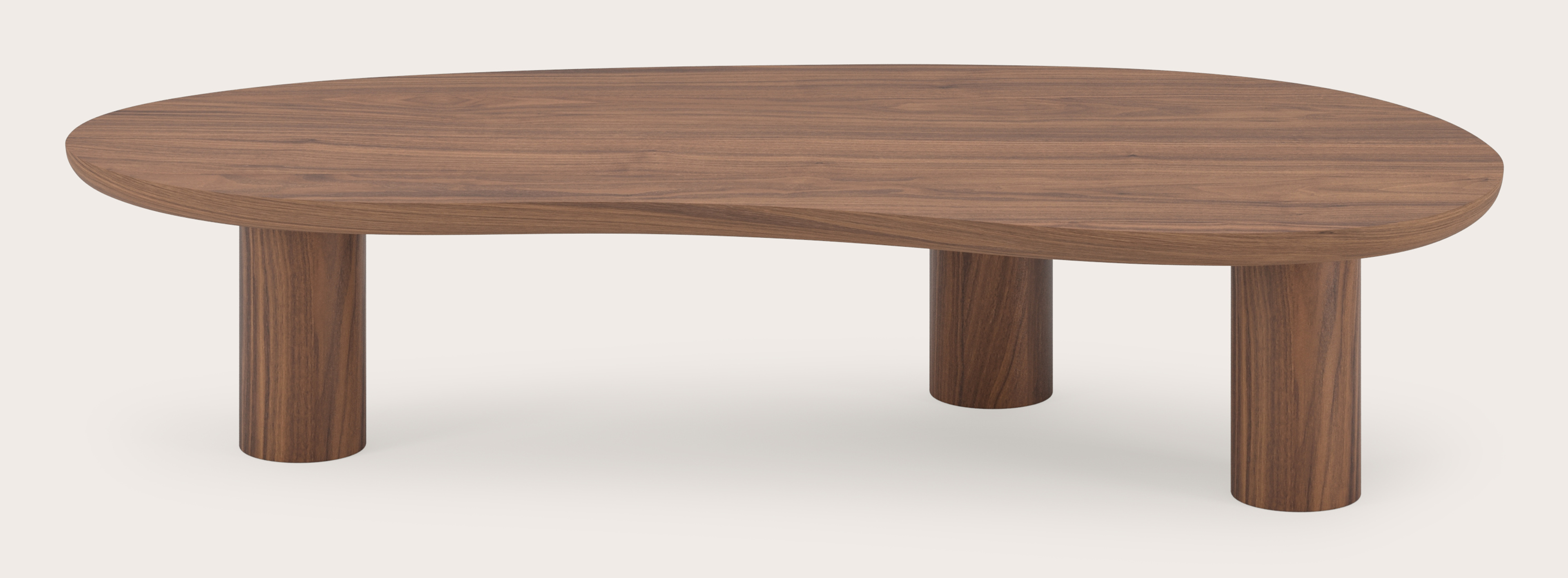 Salontafel Amato XSmall Rondo onderstel met blobvormig Amato blad in walnoot 135 x 68 x 29 cm
