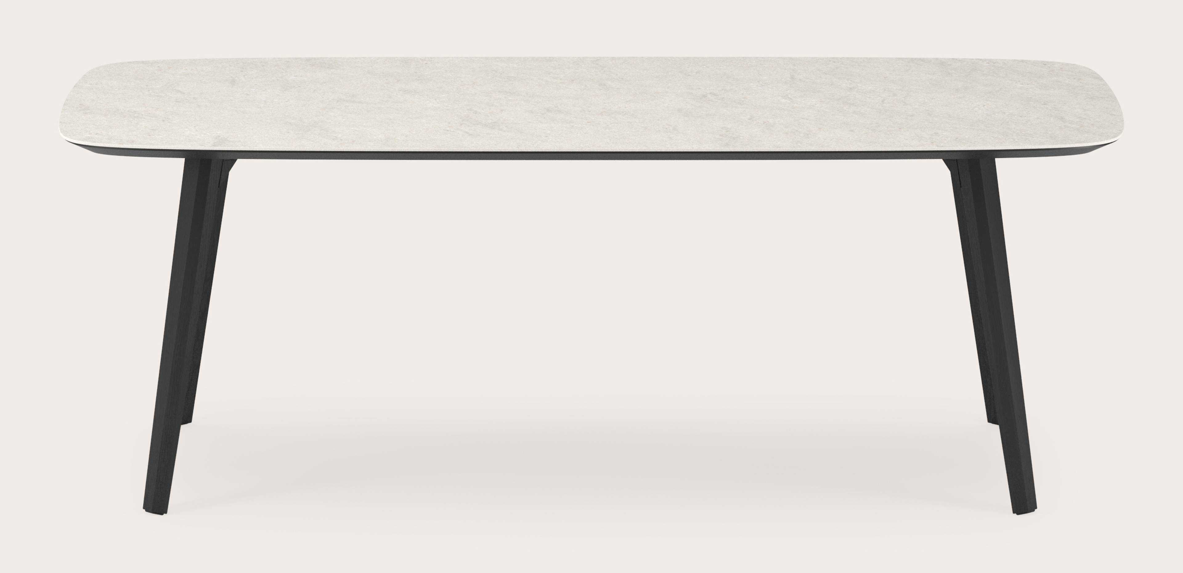 Eettafel Clino onderstel in zwarte eik met bootvormig volkeramisch Ceramo blad in kleur Shilin 220 x 105 x 77 cm