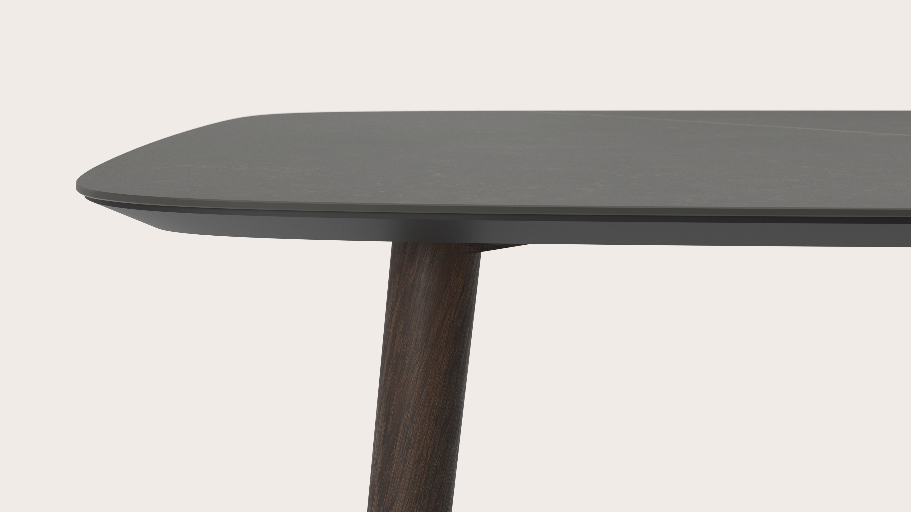 Table de salle à manger Conico armature en chêne fumé avec plateau Ceramo forme arrondie en céramique en couleur Calatorao 200 x 105 x 77 cm