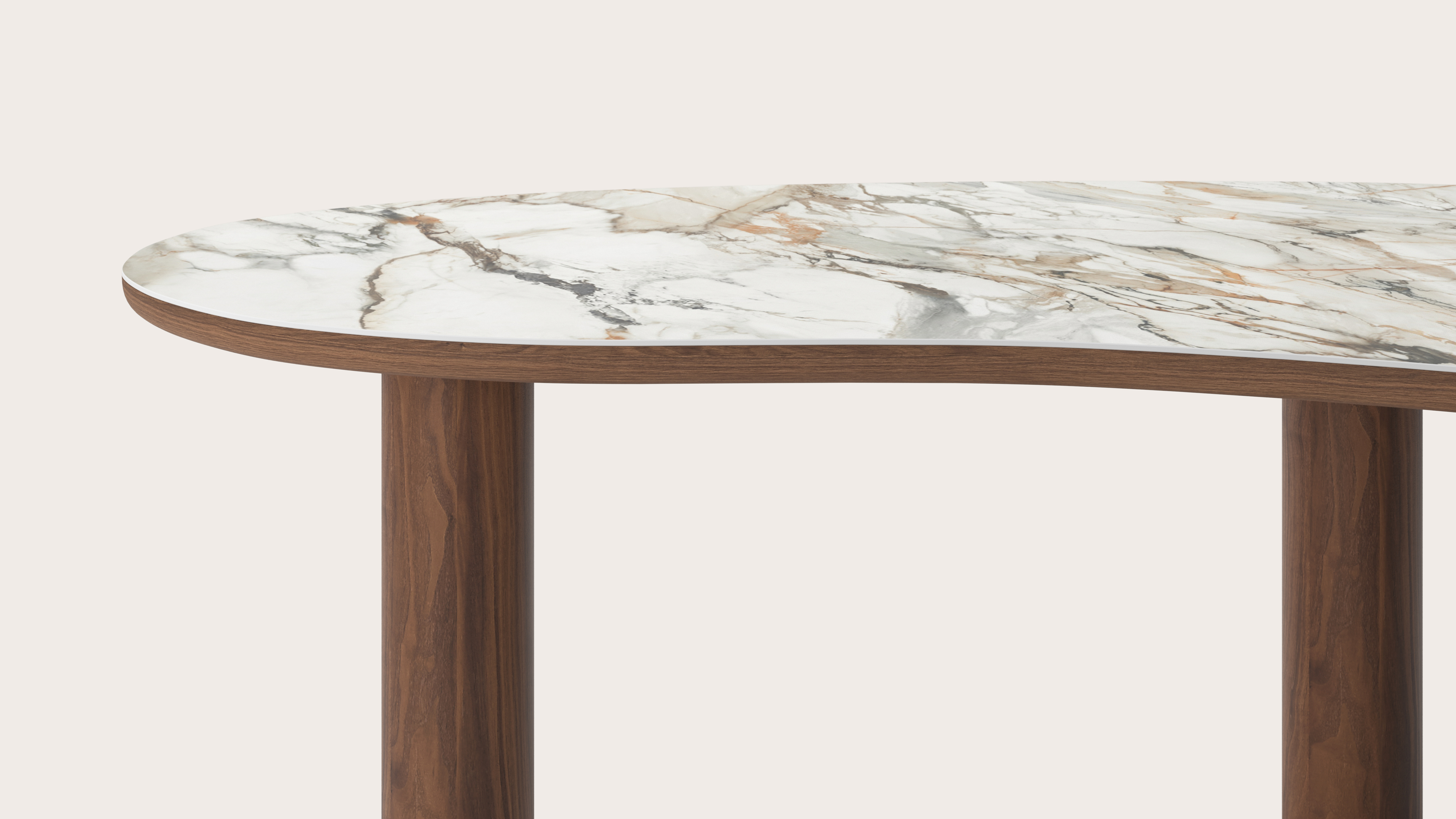 Eettafel Amato Rondo onderstel in walnoot met Blobvormig volkeramisch Ceramo blad in kleur Calacatta Luxe 220 x 112 x 77 cm