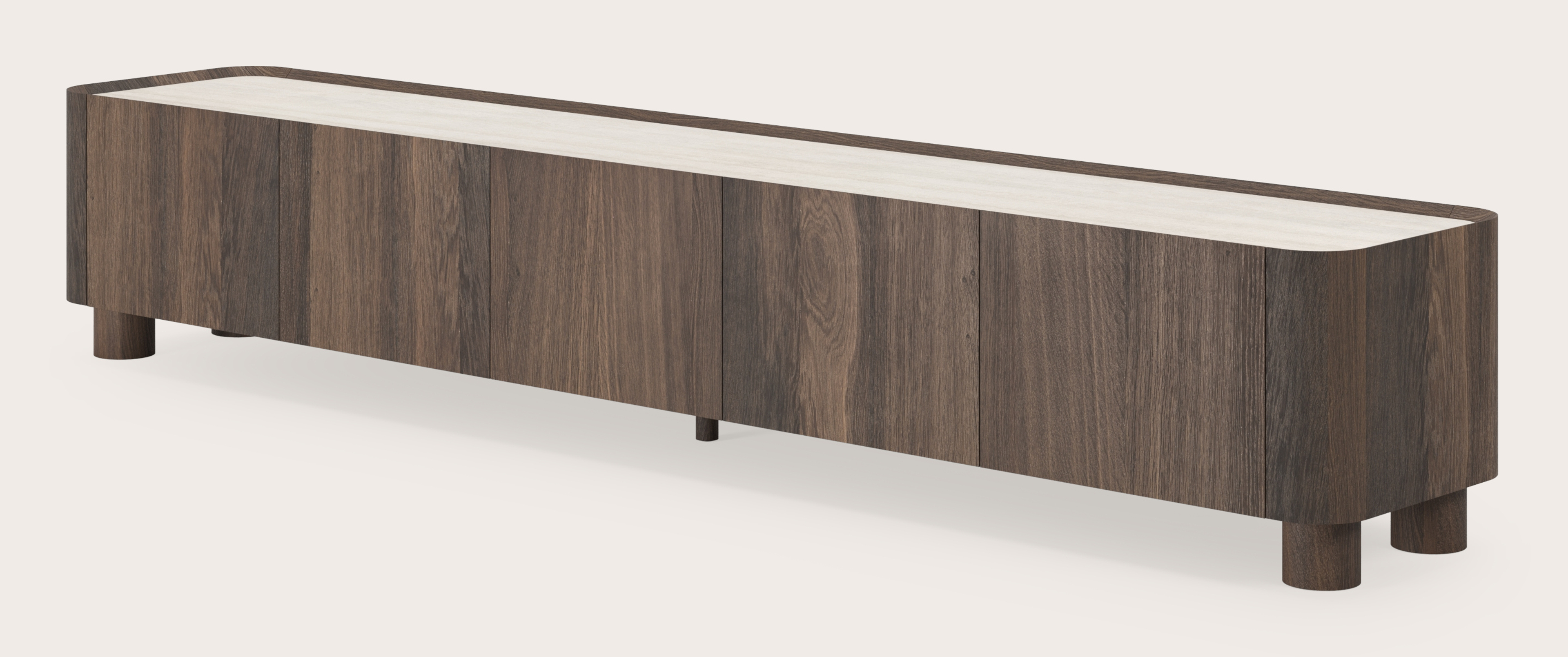 Meuble tv Curvato en chêne fumé avec pieds ronds en bois avec plateau Ceramo en céramique en couleur Travertino Bianco 249 x 45 x 44 cm