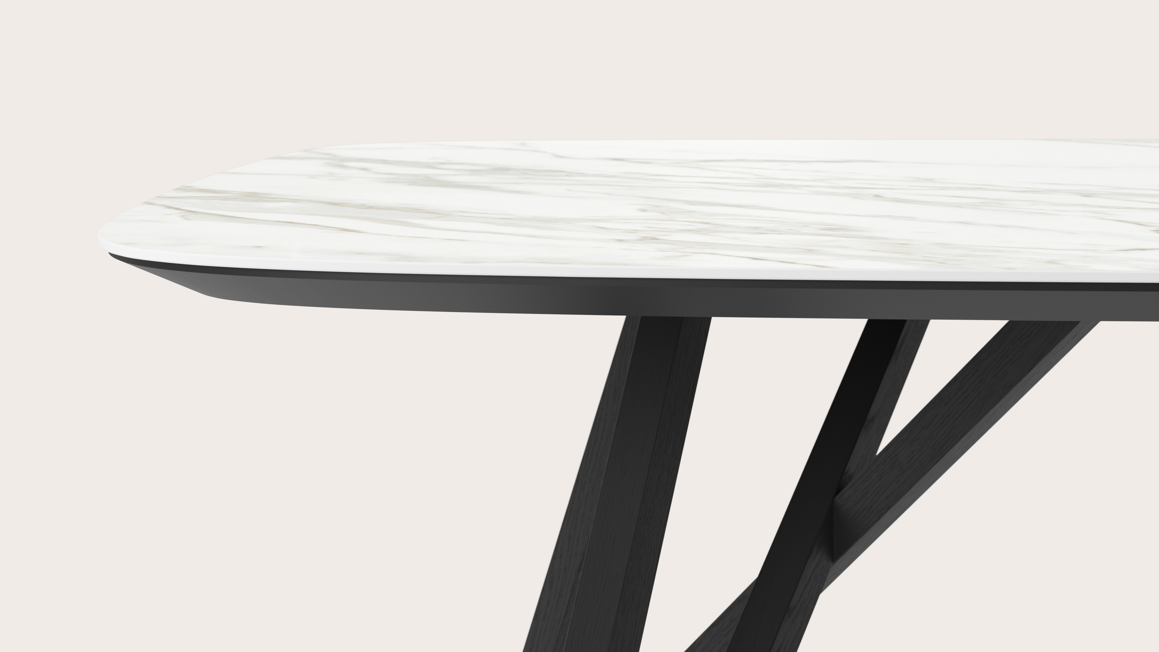 Table de salle à manger Ragno armature en chêne noir avec plateau Ceramo forme arrondi en céramique en couleur Calacatta 260 x 110 x 77 cm