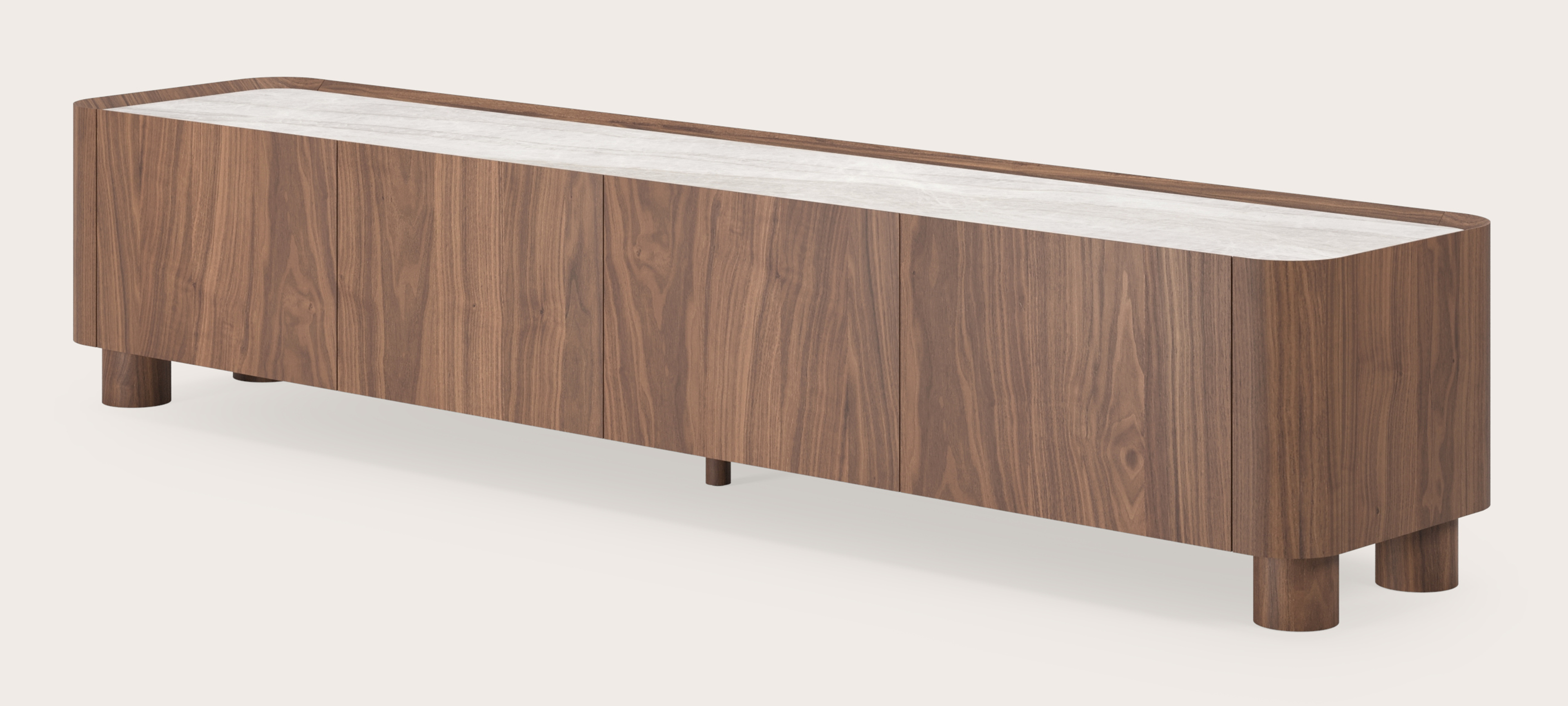 Meuble tv Curvato en noyer avec pieds ronds en bois avec plateau Ceramo en céramique en couleur Taj Mahal 219 x 45 x 44 cm