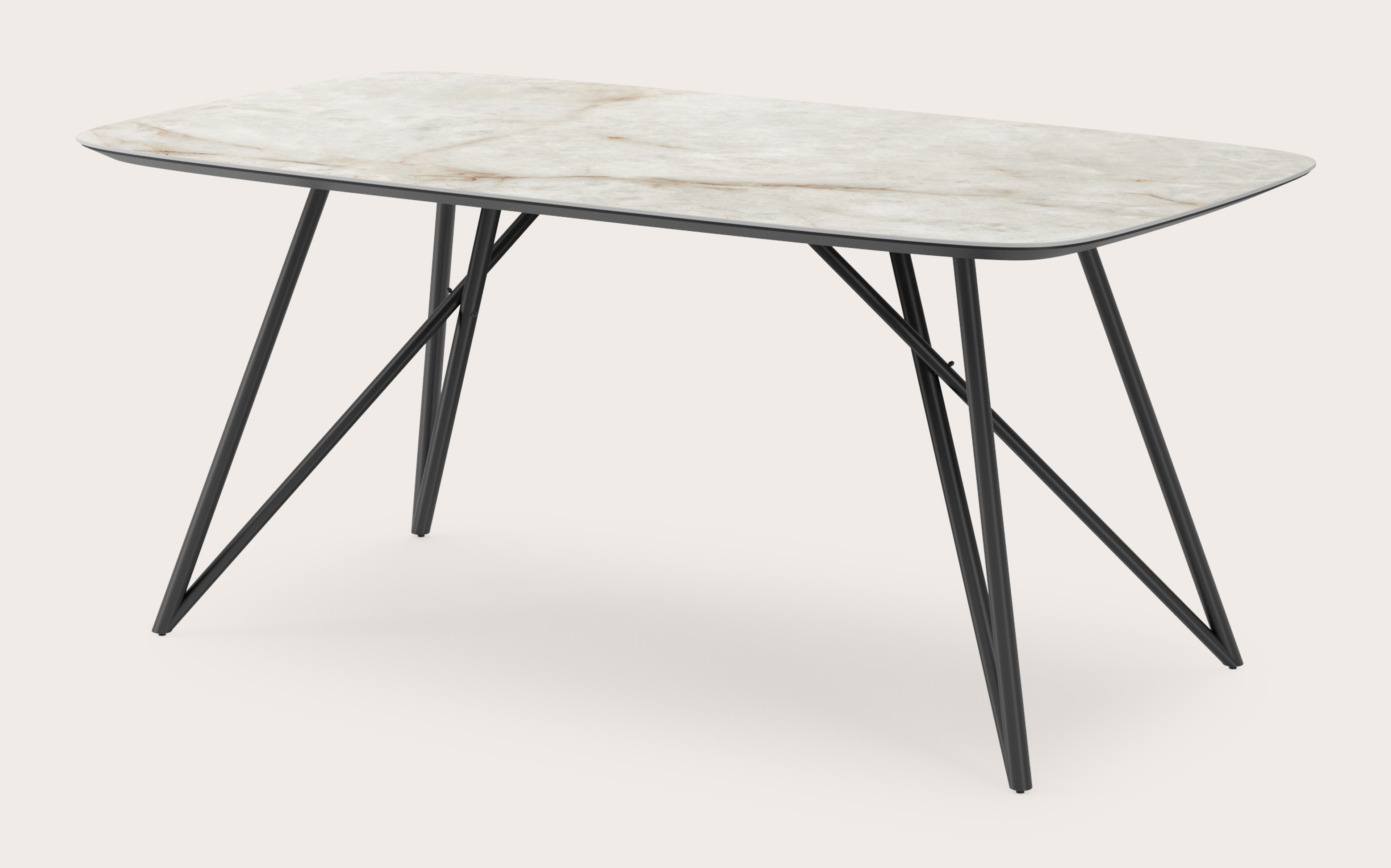 Eettafel Ragno onderstel in zwart metaal met bootvormig volkeramisch Ceramo blad in kleur Himalaya 180 x 100 x 77 cm