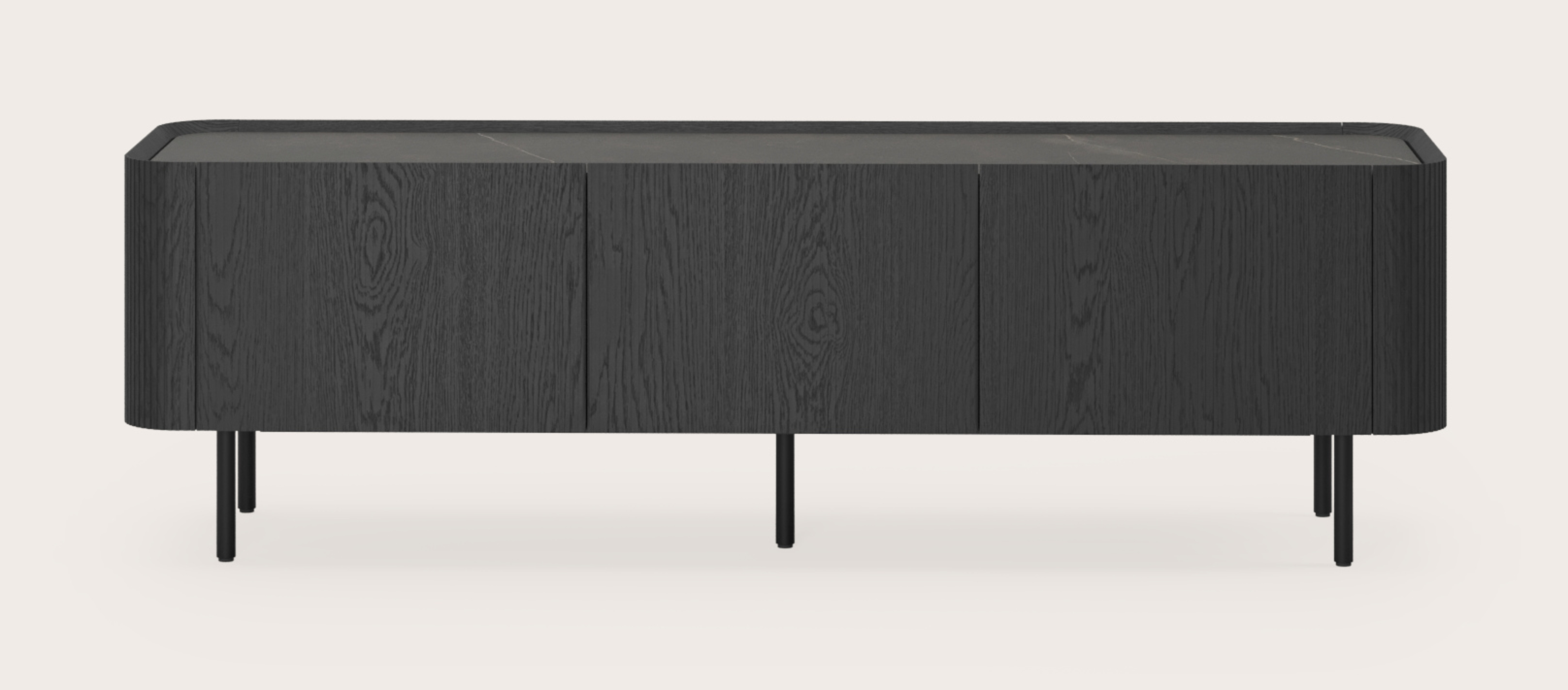 Grivato tv-meubel in zwarte eik met ronde poten met volkeramisch Ceramo blad in kleur Calatorao 169 x 45 cm