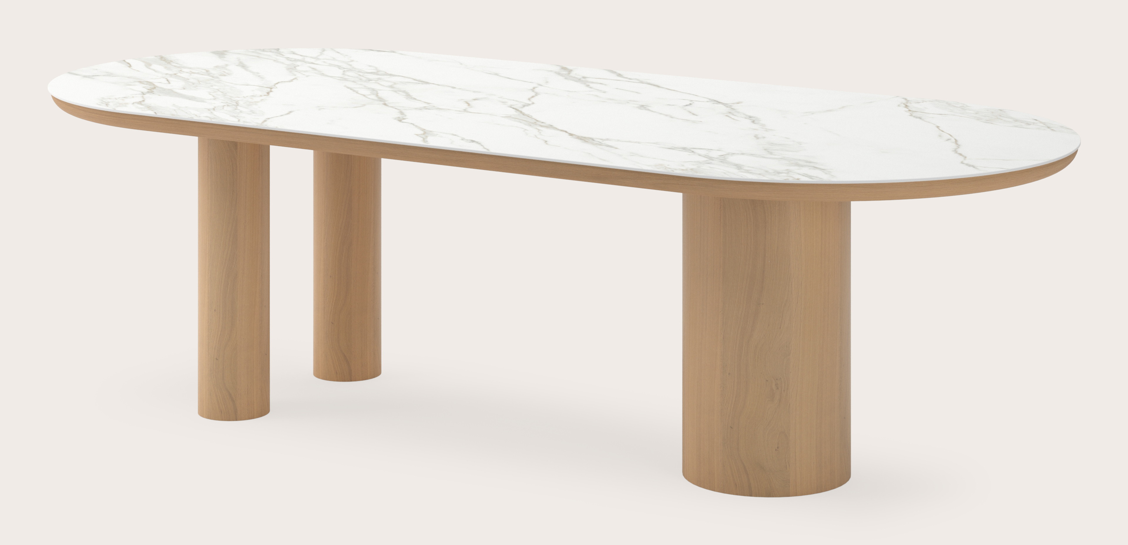 Eettafel Amato Rondo onderstel in natuurkleurige eik met plat ovaal volkeramisch Ceramo blad in kleur Calacatta 260 x 115 x 76 cm