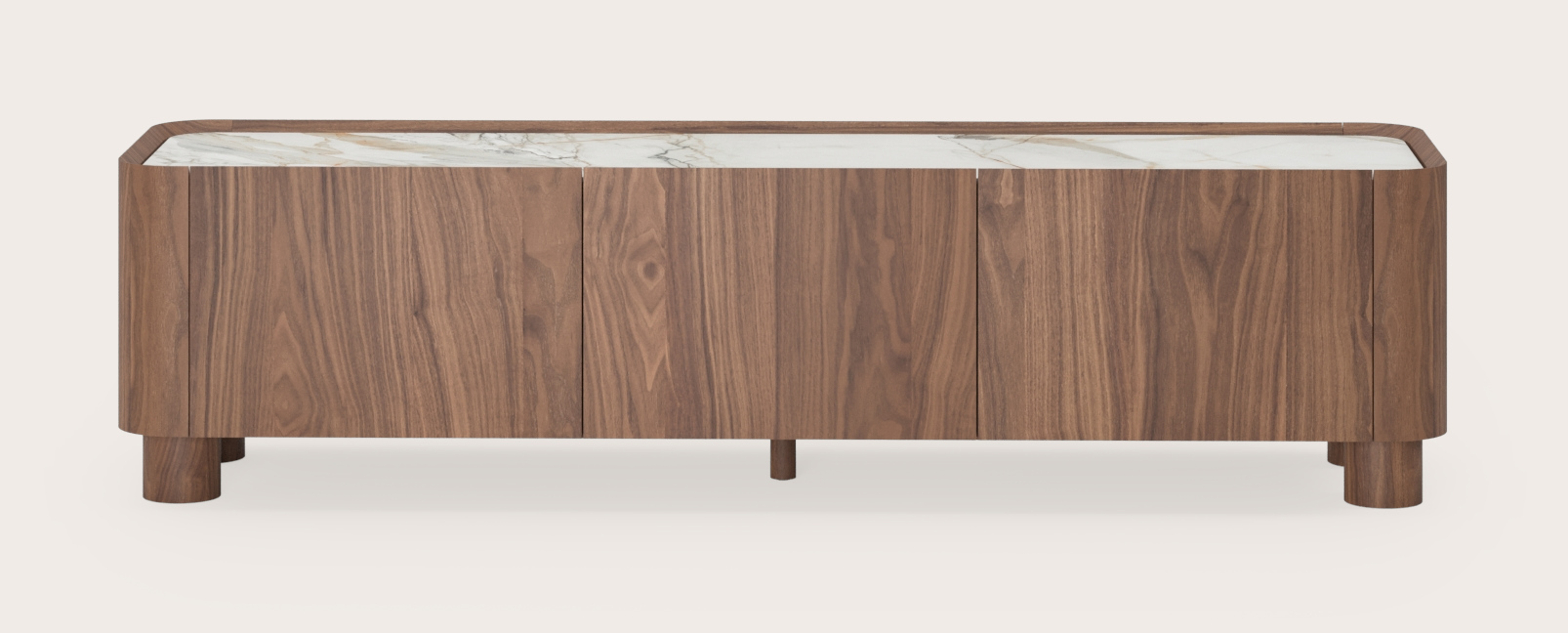 Meuble tv Curvato en noyer avec pieds ronds en bois avec plateau Ceramo en céramique en couleur Calacatta Luxe 169 x 45 x 44 cm