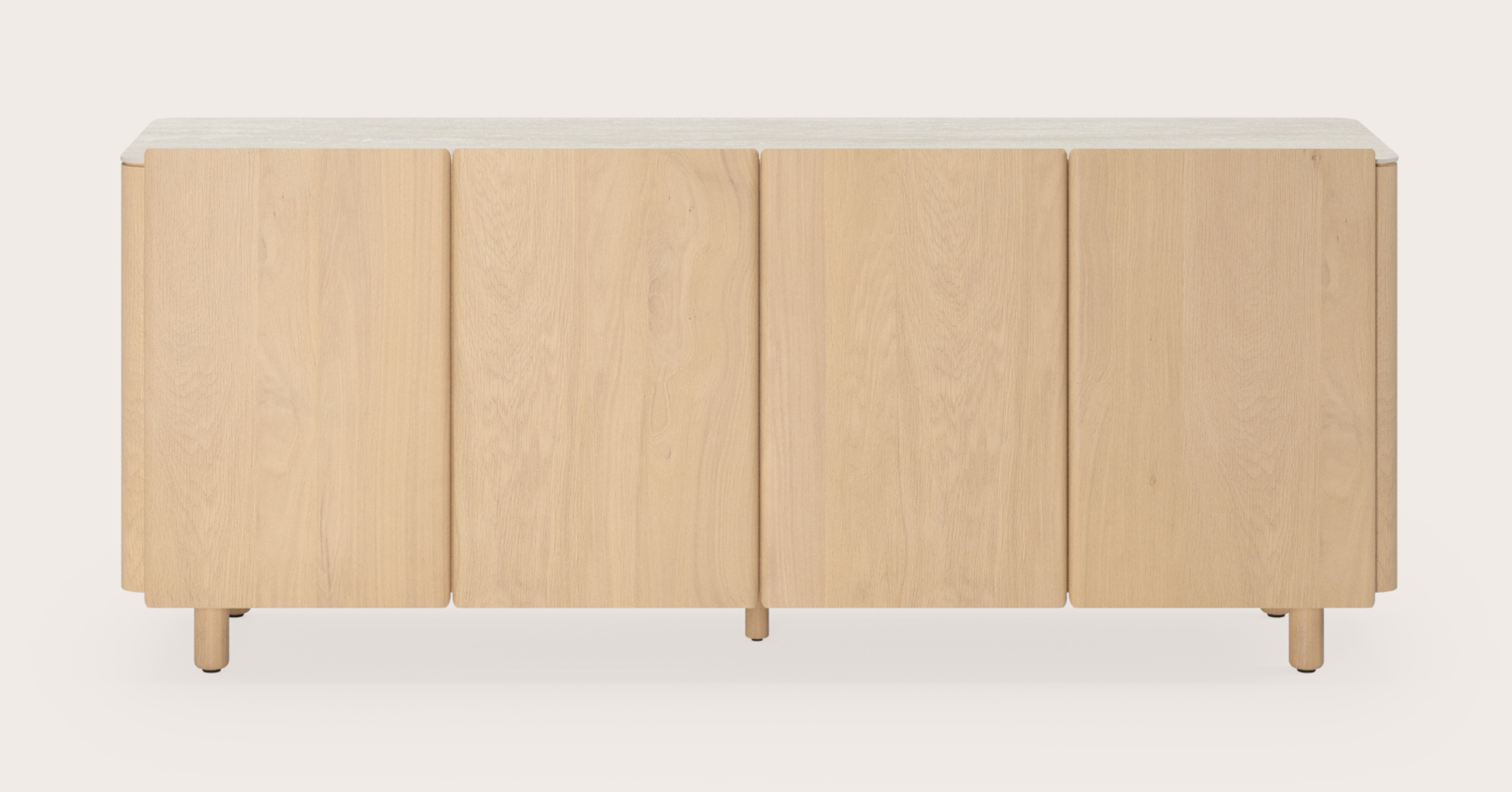 Belloni dressoir in natuurkleurige eik met bovenblad in Travertin met houten poten 180x47x62cm