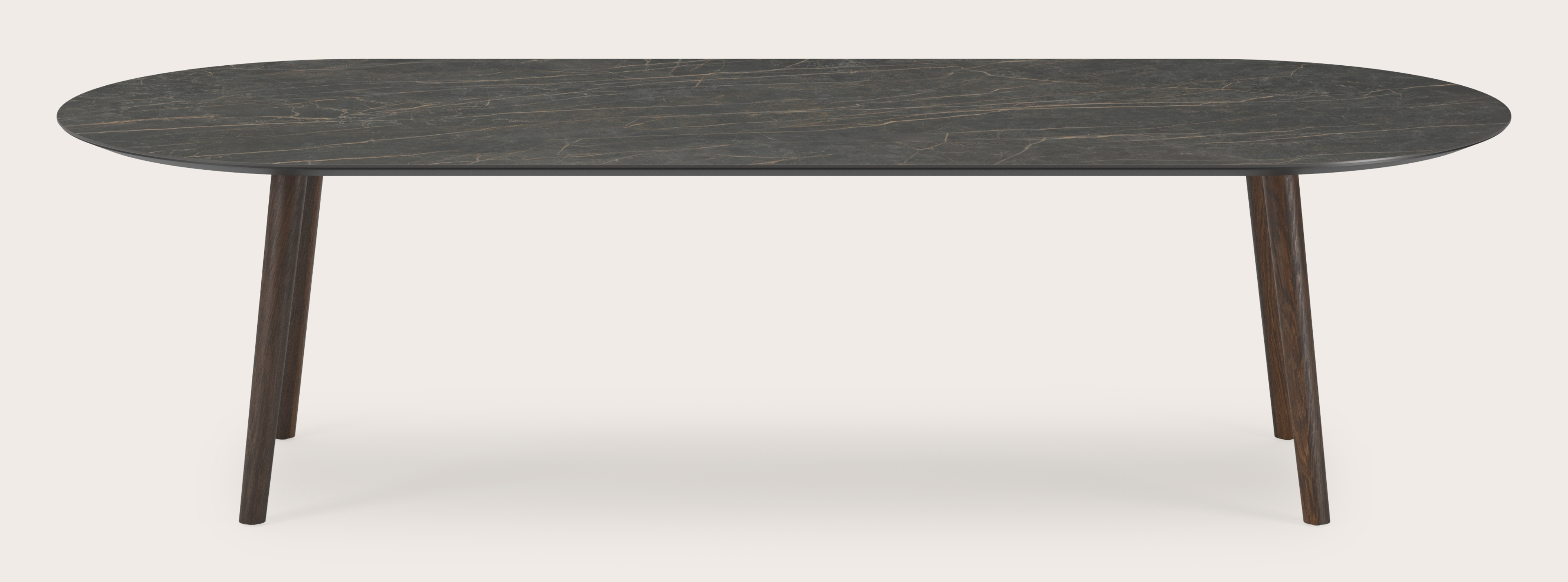 Table de salle à manger Conico armature en chêne fumé avec plat plateau Ceramo ovale en céramique en couleur Black Obsession 300 x 120 x 77 cm