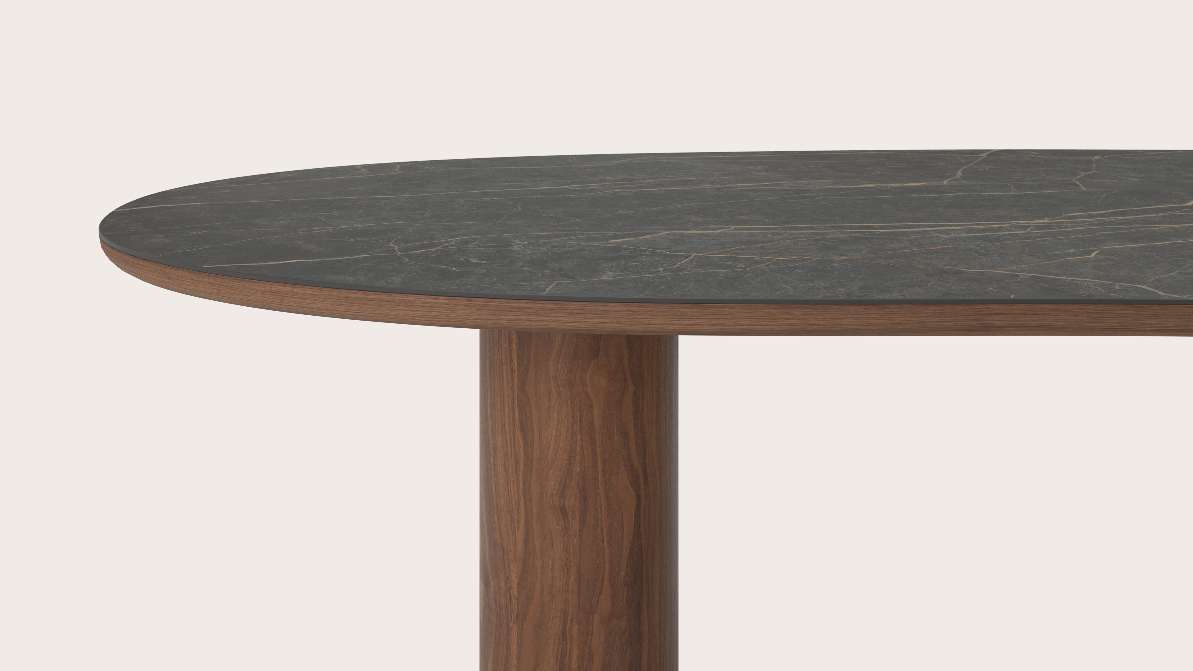 Eettafel Amato Rondo onderstel in walnoot met Blobvormig volkeramisch Ceramo blad in kleur Black Obsession 300 x 122 x 77 cm