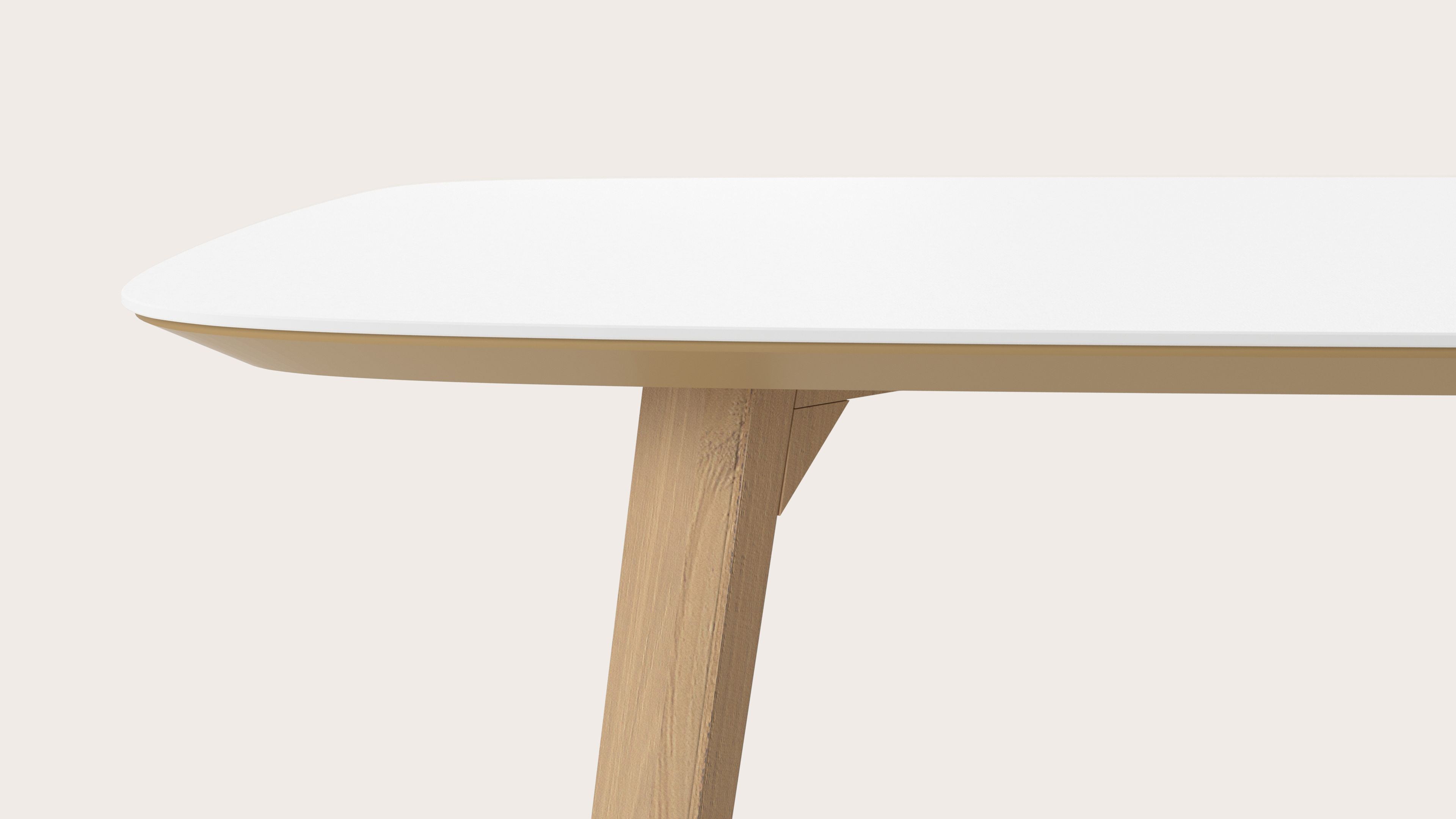 Eettafel Clino onderstel in natuurkleurige eik met bootvormig volkeramisch Ceramo blad in kleur Arctic White 220 x 105 x 77 cm