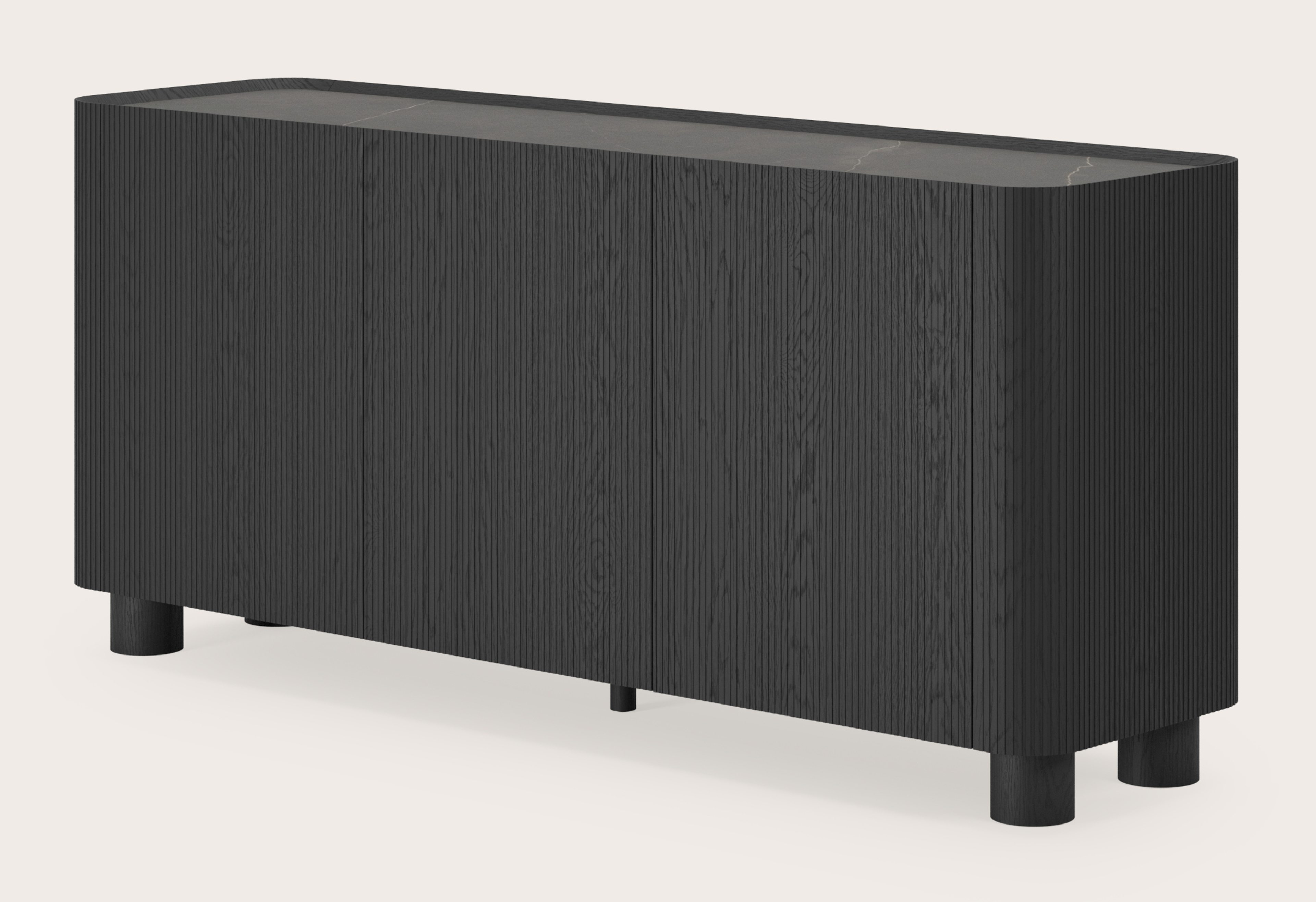 Buffet Grivato en chêne noir avec pieds ronds avec plateau Ceramo rond en céramique en couleur Calatorao 169 x 45 cm