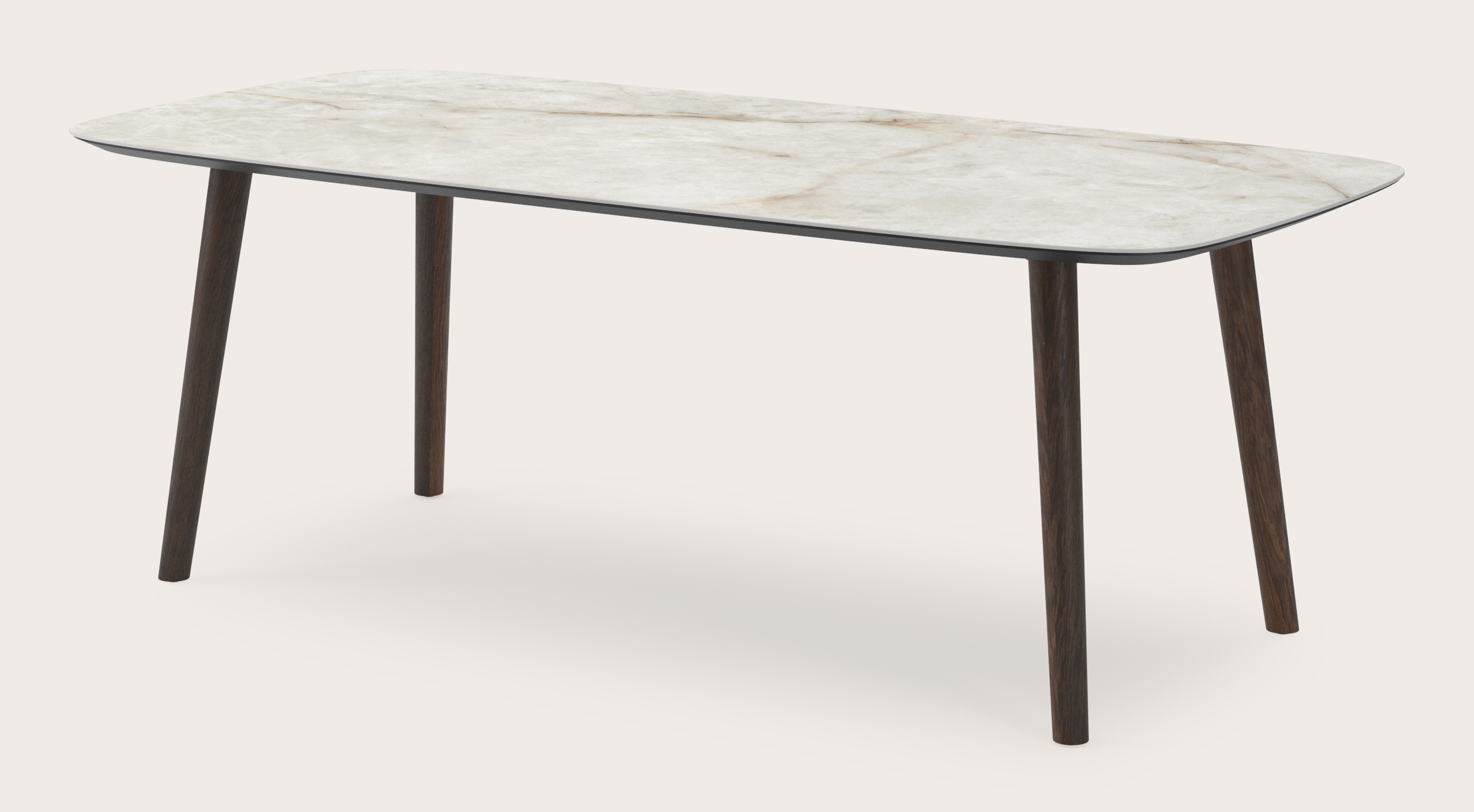 Table de salle à manger Conico armature en chêne fumé avec plateau Ceramo forme arrondie en céramique en couleur Himalaya 200 x 105 x 77 cm