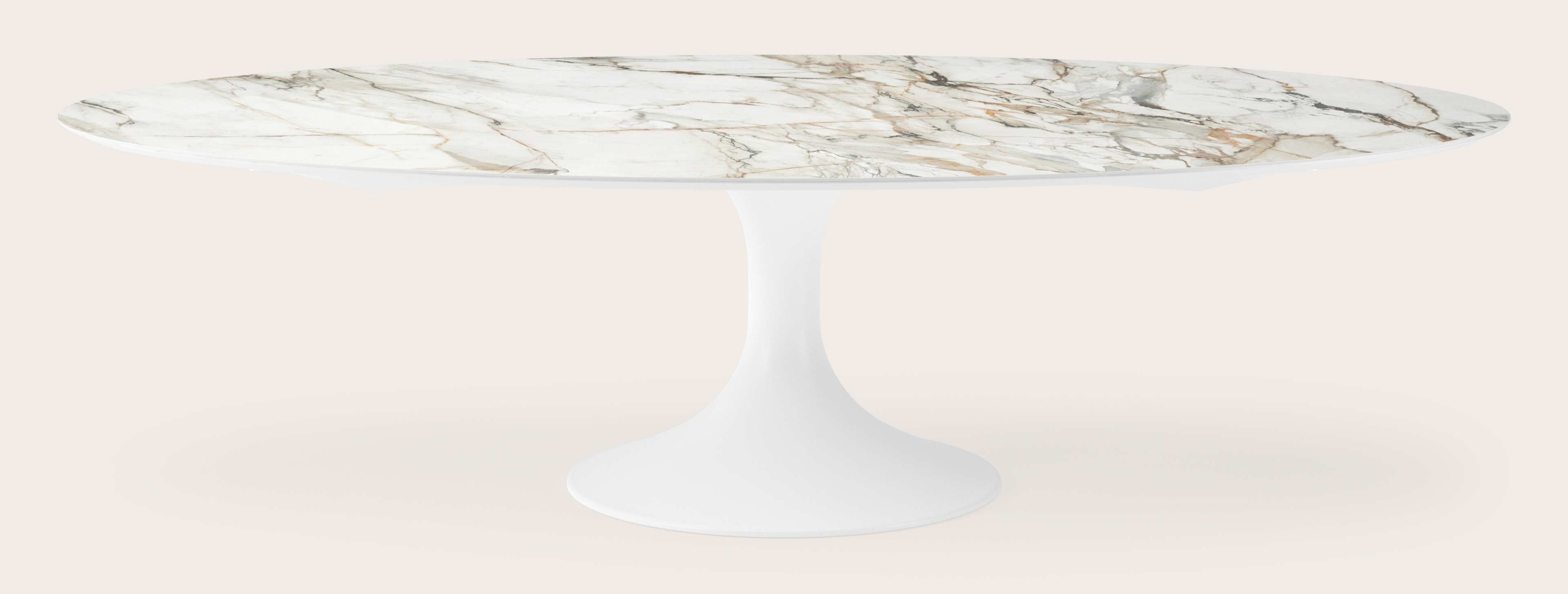 Table de salle à manger Tulipo armature en métal blanc avec plateau Ceramo ovale en céramique en couleur Calacatta Luxe 300 x 140 x 77 cm