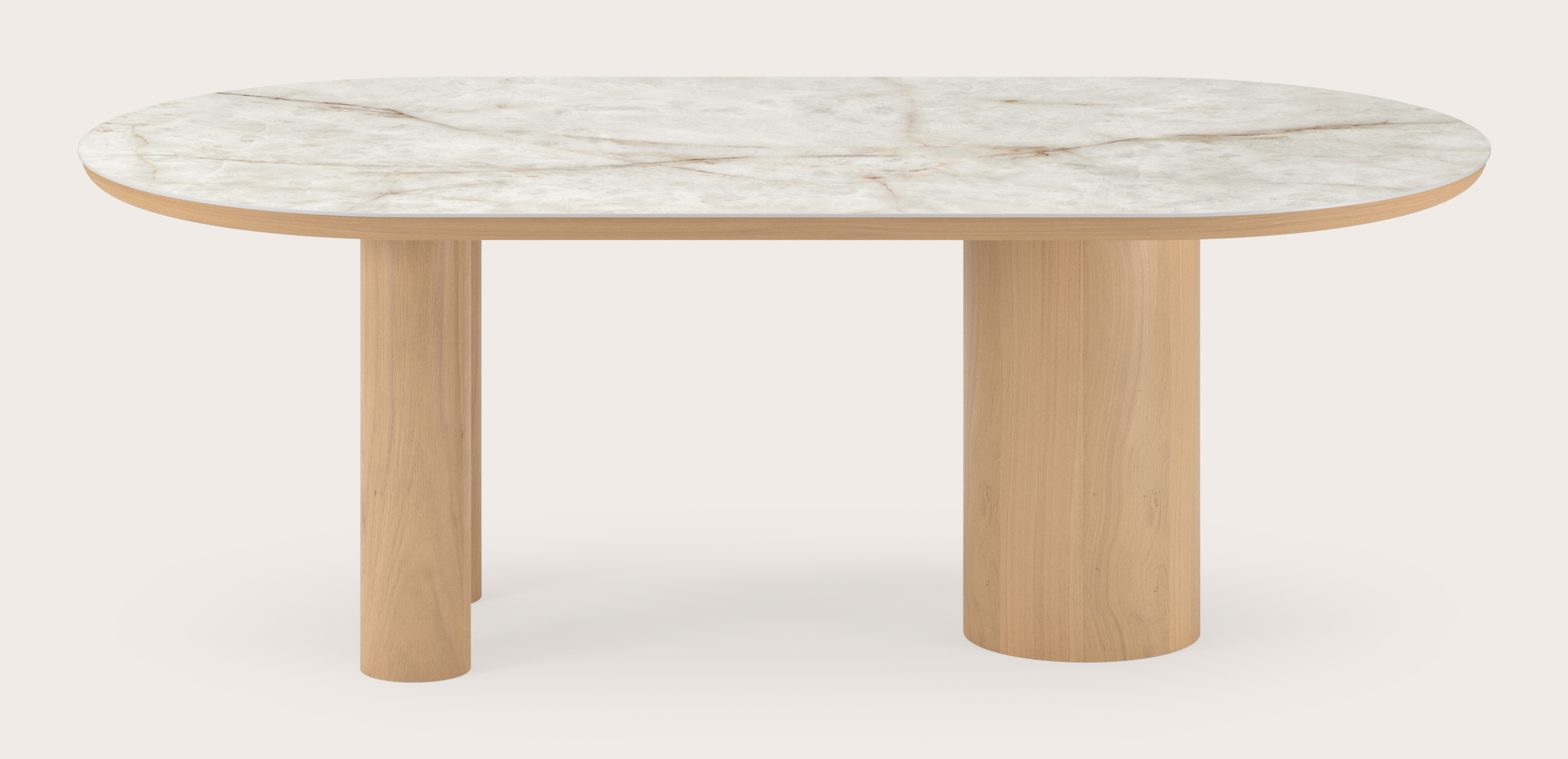 Table de salle à manger Amato Rondo armature en chêne couleur naturelleavec plateau Ceramo ovale plat en céramique en couleur Himalaya 220 x 110 x 76 cm