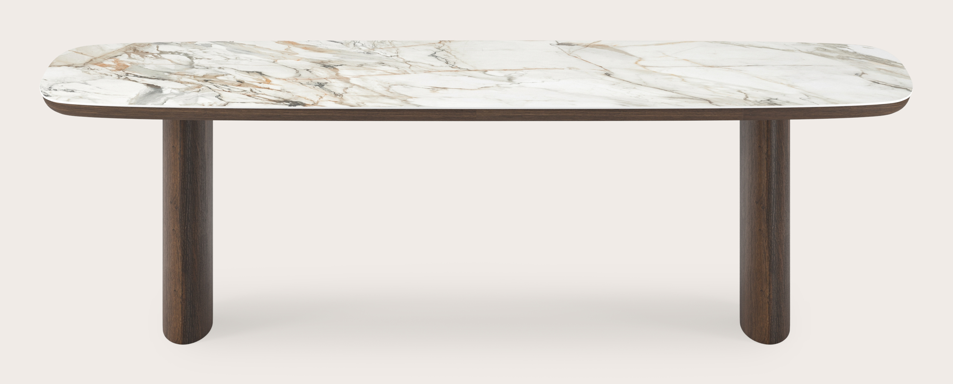 Eettafel Amato Ellipso onderstel in gerookte eik met bootvormig volkeramisch Ceramo blad in kleur Calacatta Luxe 260 x 110 x 76 cm