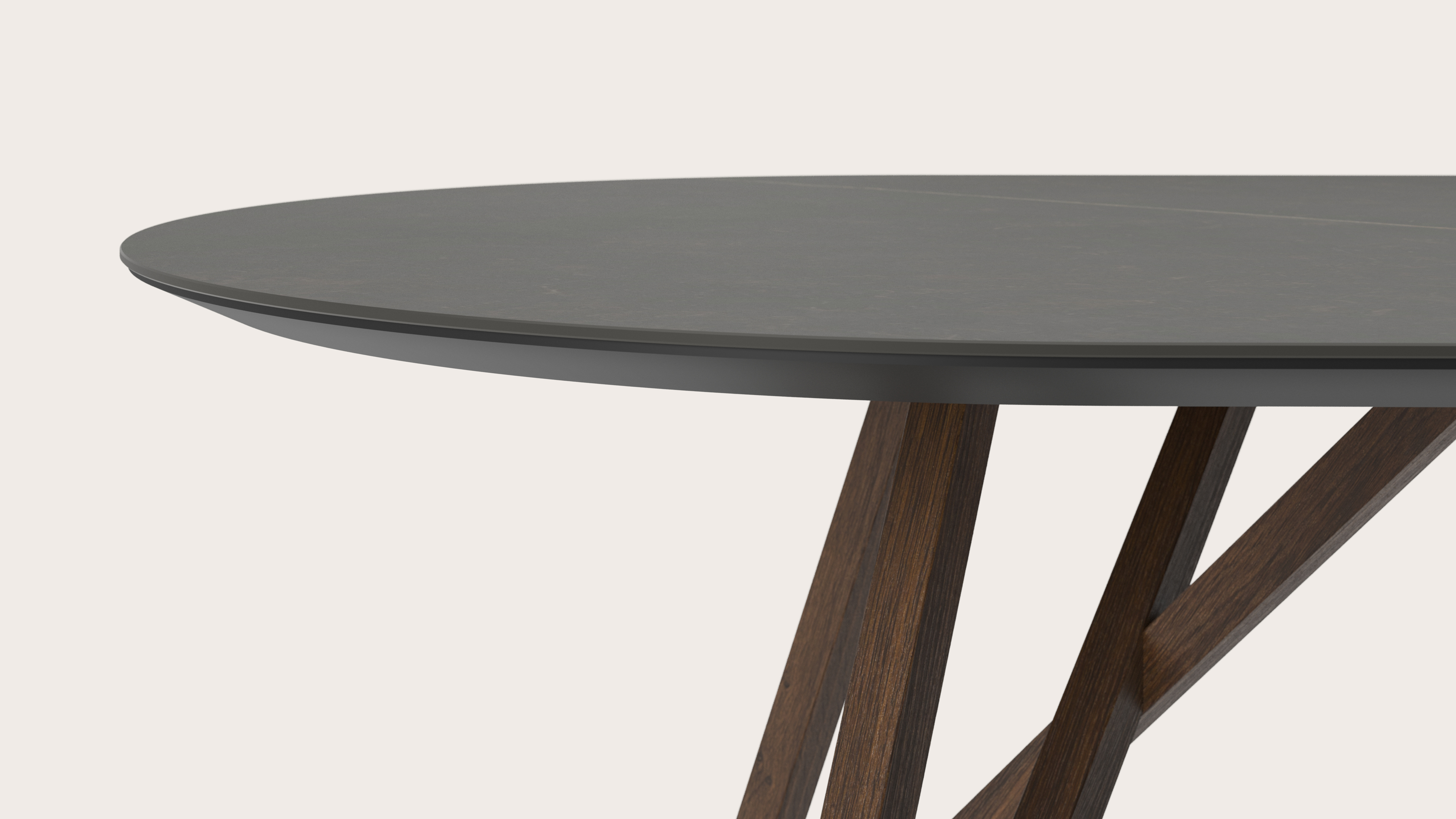 Eettafel Ragno onderstel in gerookte eik met plat ovaal volkeramisch Ceramo blad in kleur Calatorao 220 x 110 x 77 cm